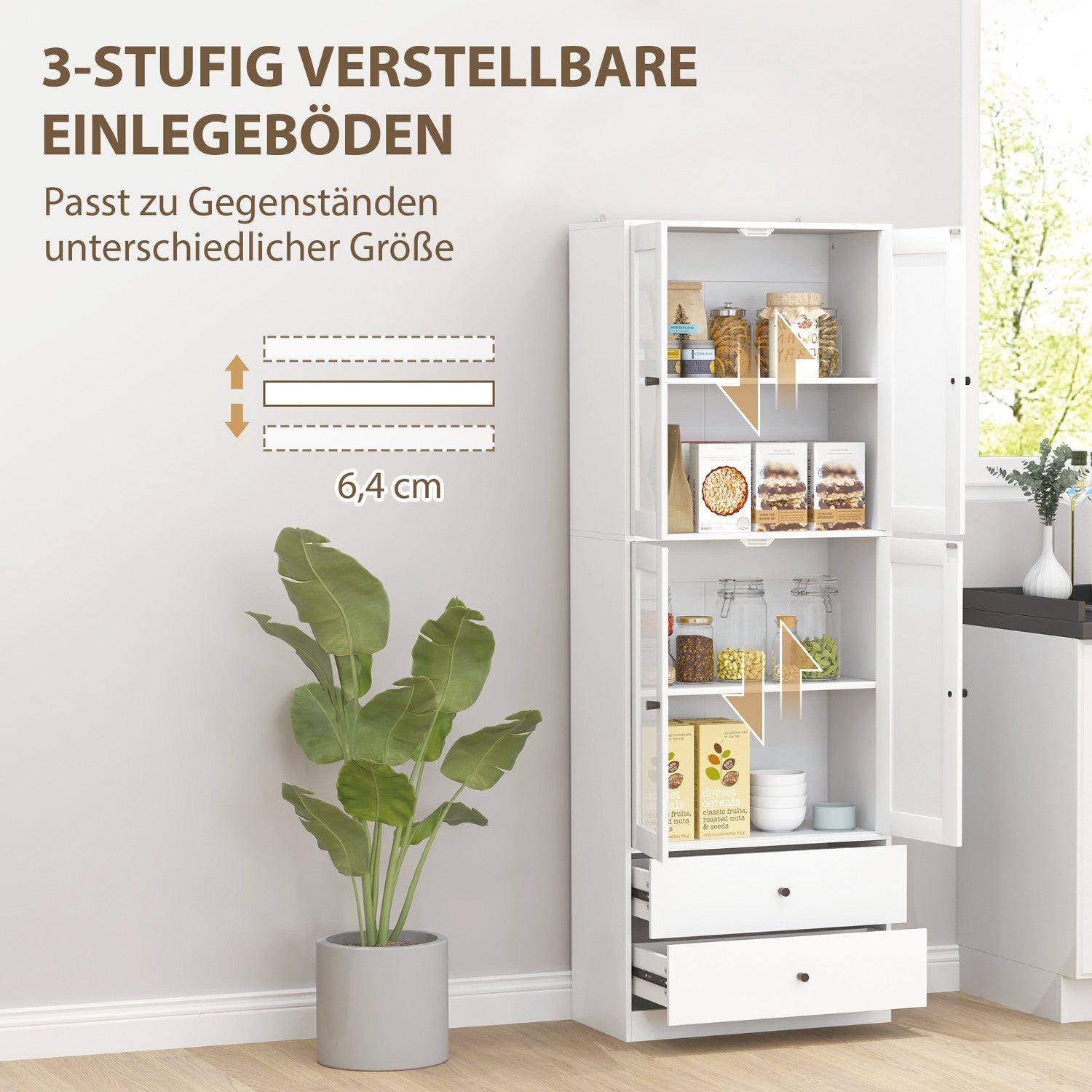 Vitt högt köksskåp, ställbara hyllor, låda