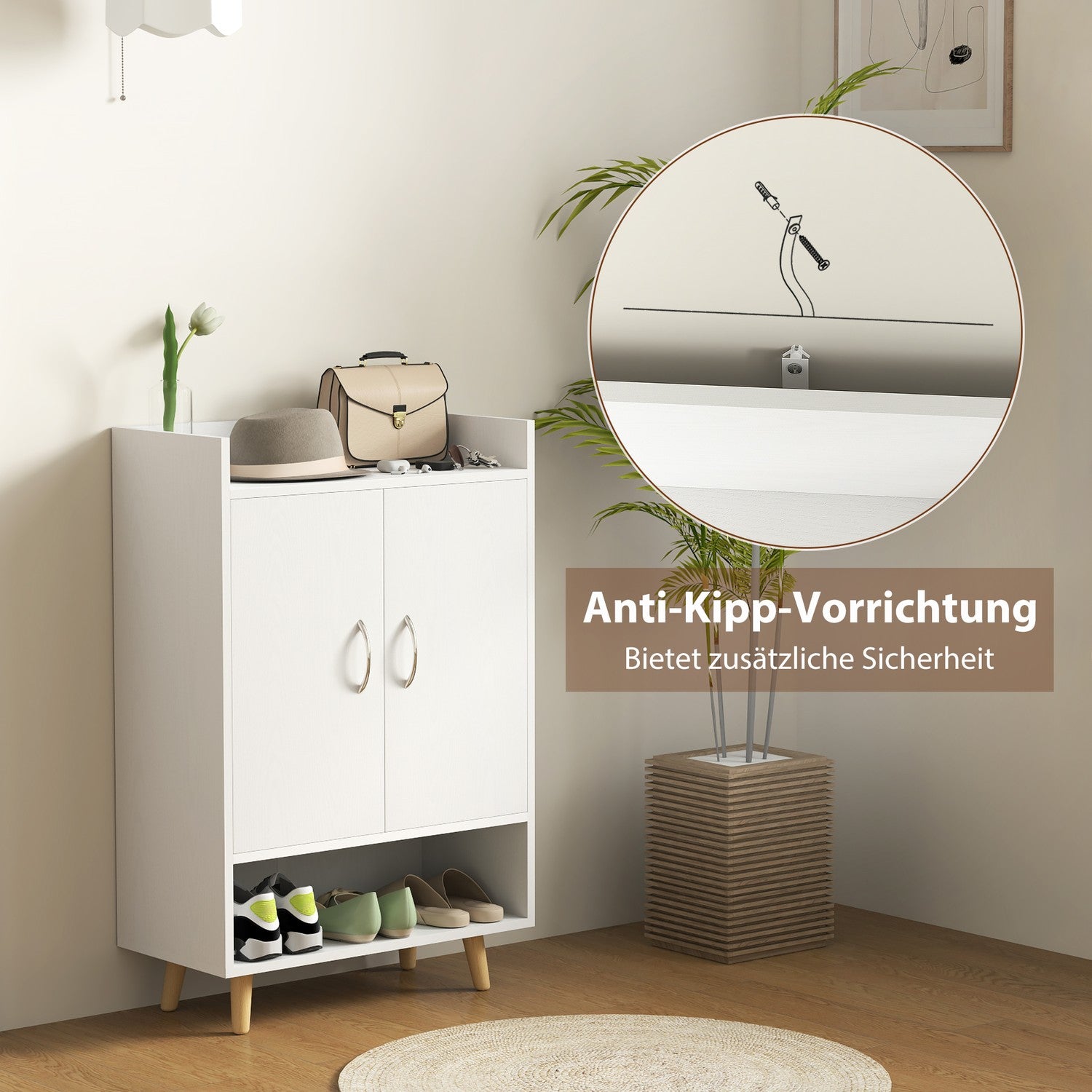 Vitt skoskåp i massivt trä med dörrar – Passar 12 par