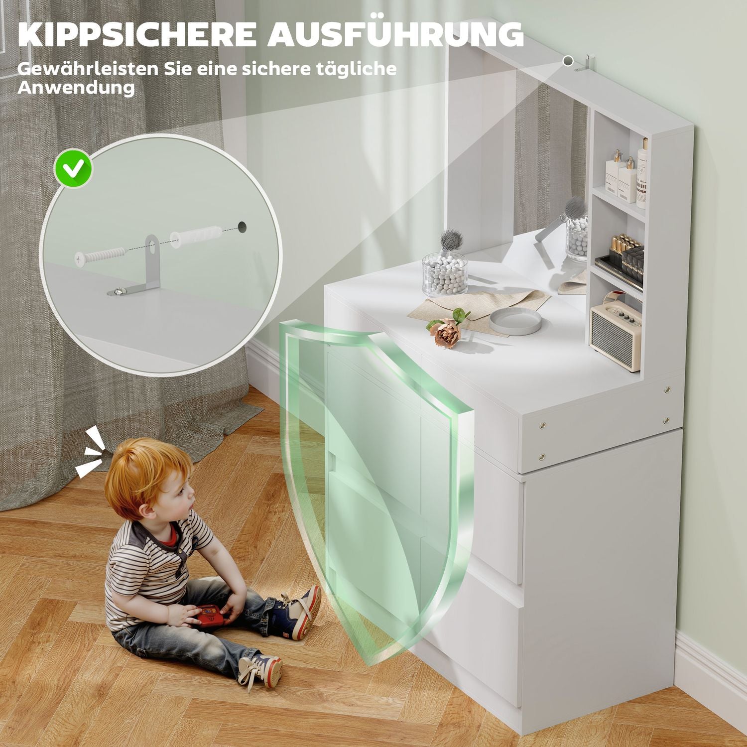 Vitt sminkbord med spegel – 4 lådor & hyllor