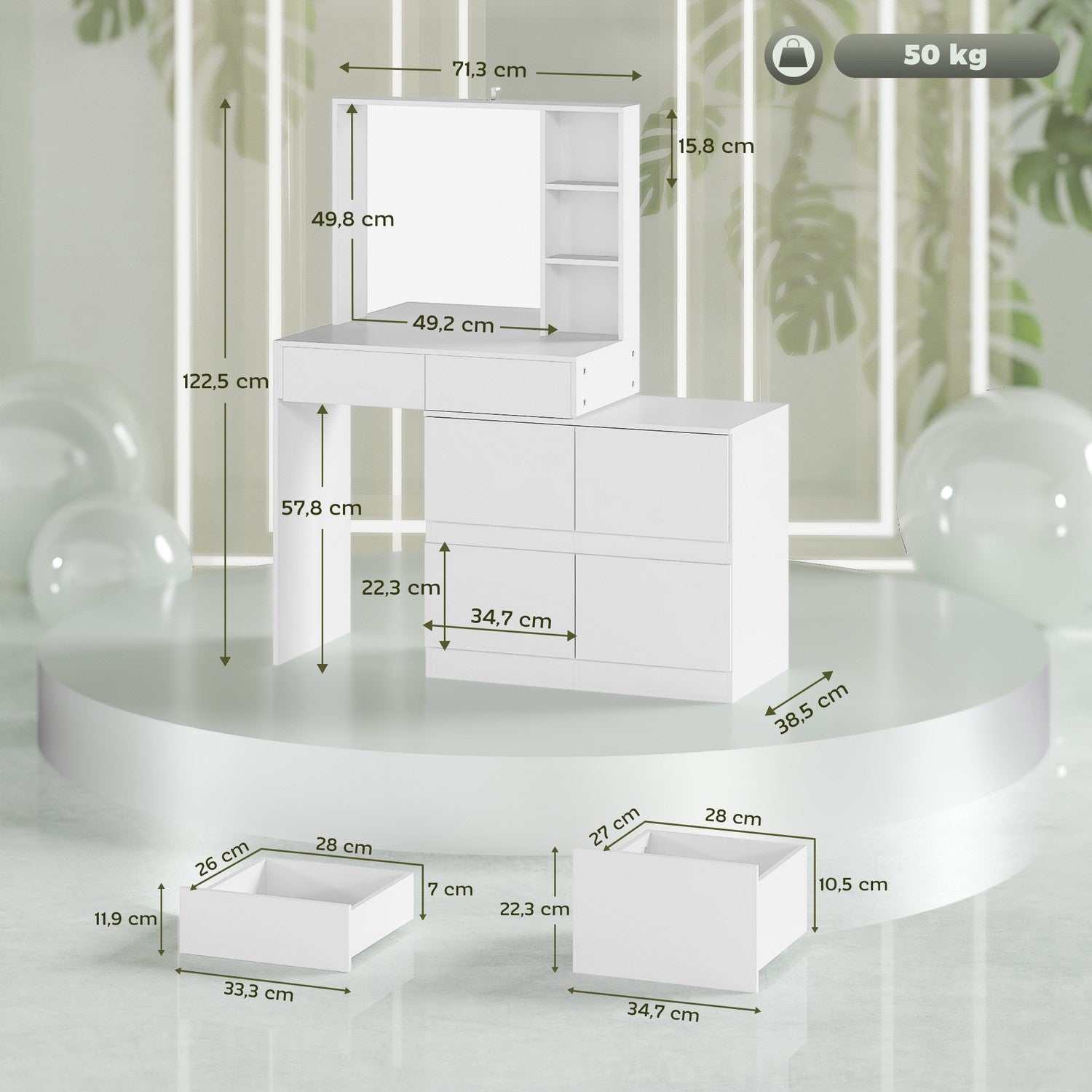 Vitt sminkbord med spegel – 4 lådor & hyllor