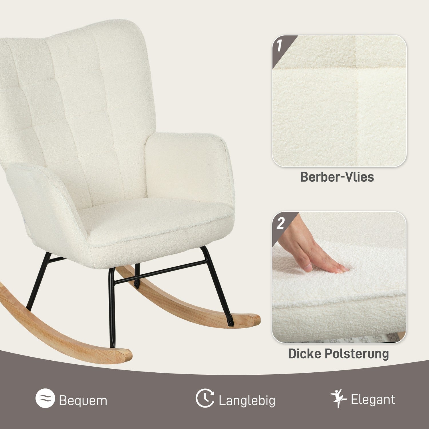 Vit vadderad gungstol med armstöd, träbas