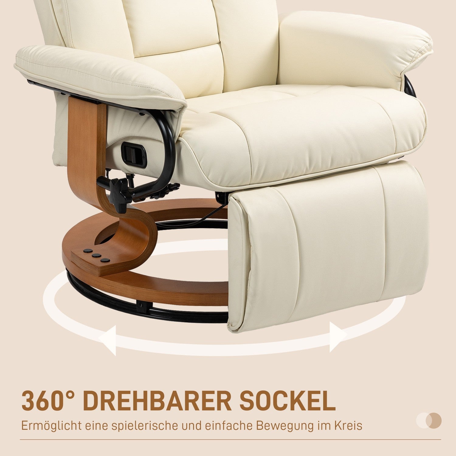 Vridbar fåtölj med fotstöd, konstläder, krämvit