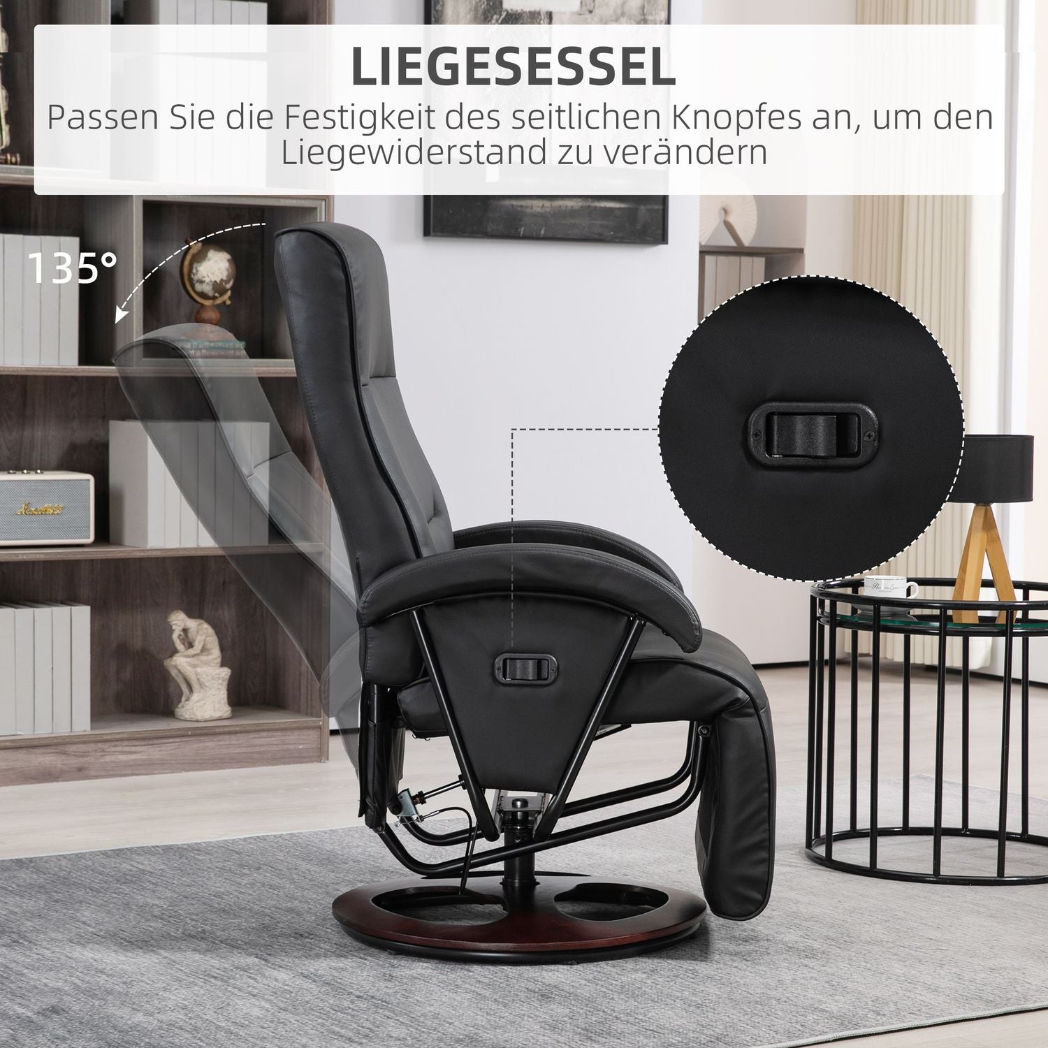 Vridbar klädd stol, konstläder, fotstöd, träfot, lutbar, svart