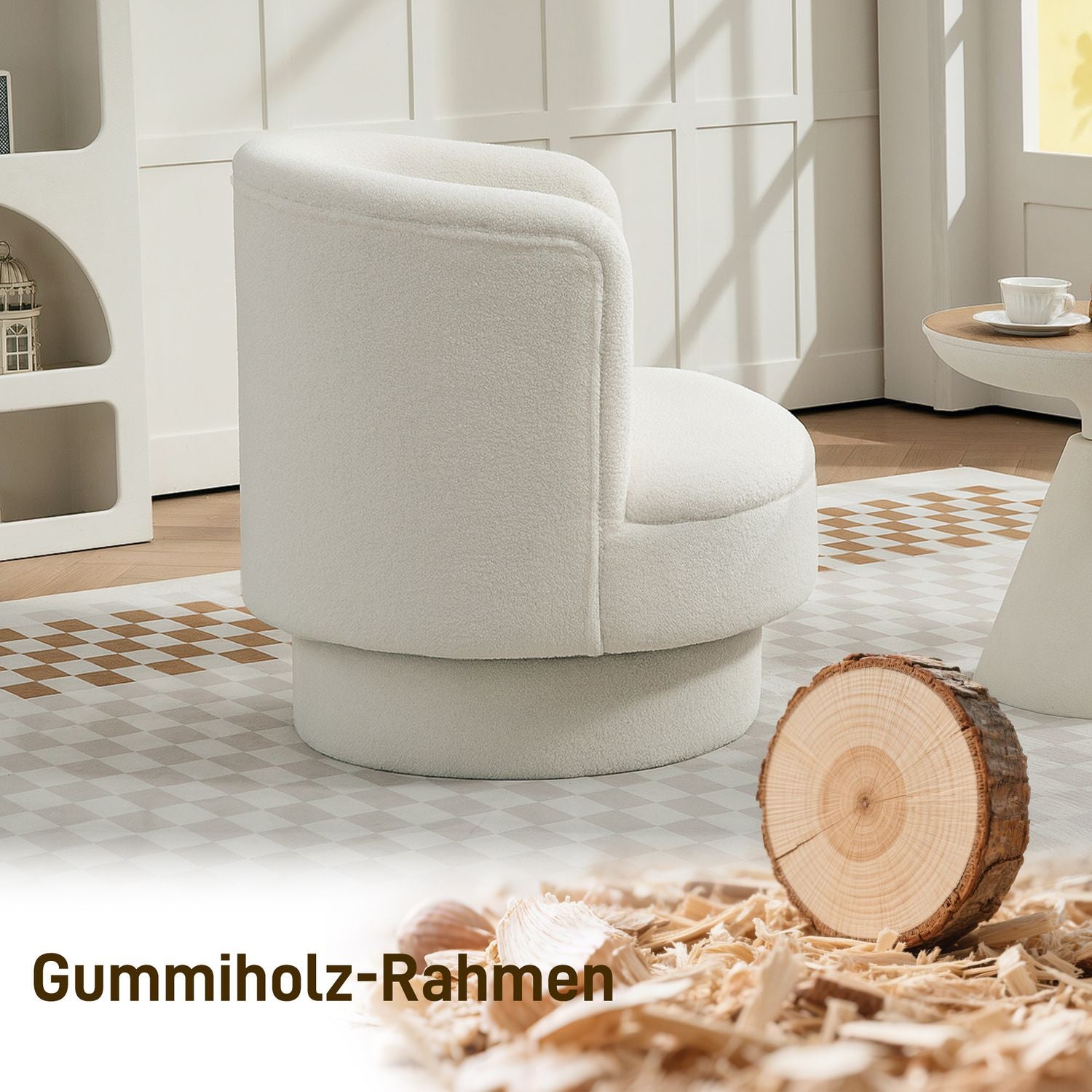 Vridbar stoppad fåtölj, modern fåtölj med ram av gummiträ, för vardagsrum, sovrum, krämvit