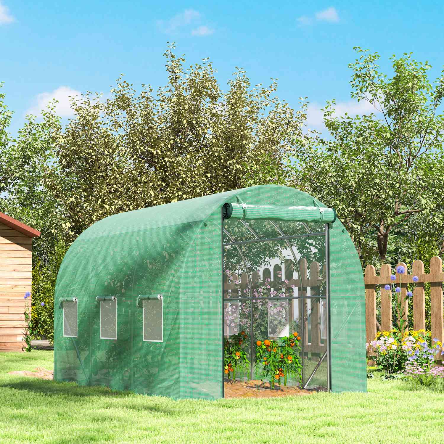 Växthus 3x2x2m UV-beständig, rulldörr, 6 fönster