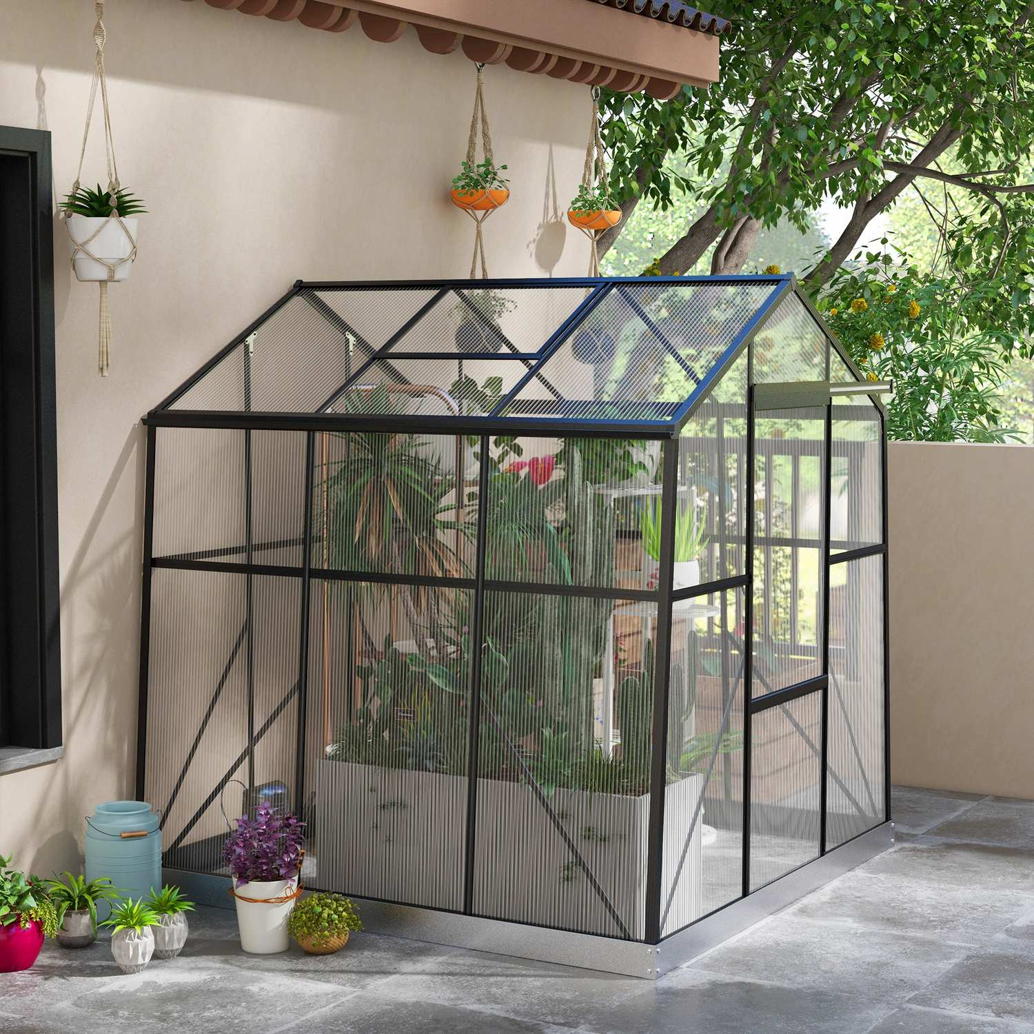 Växthus i aluminium med skjutdörr, 3,68 m², svart