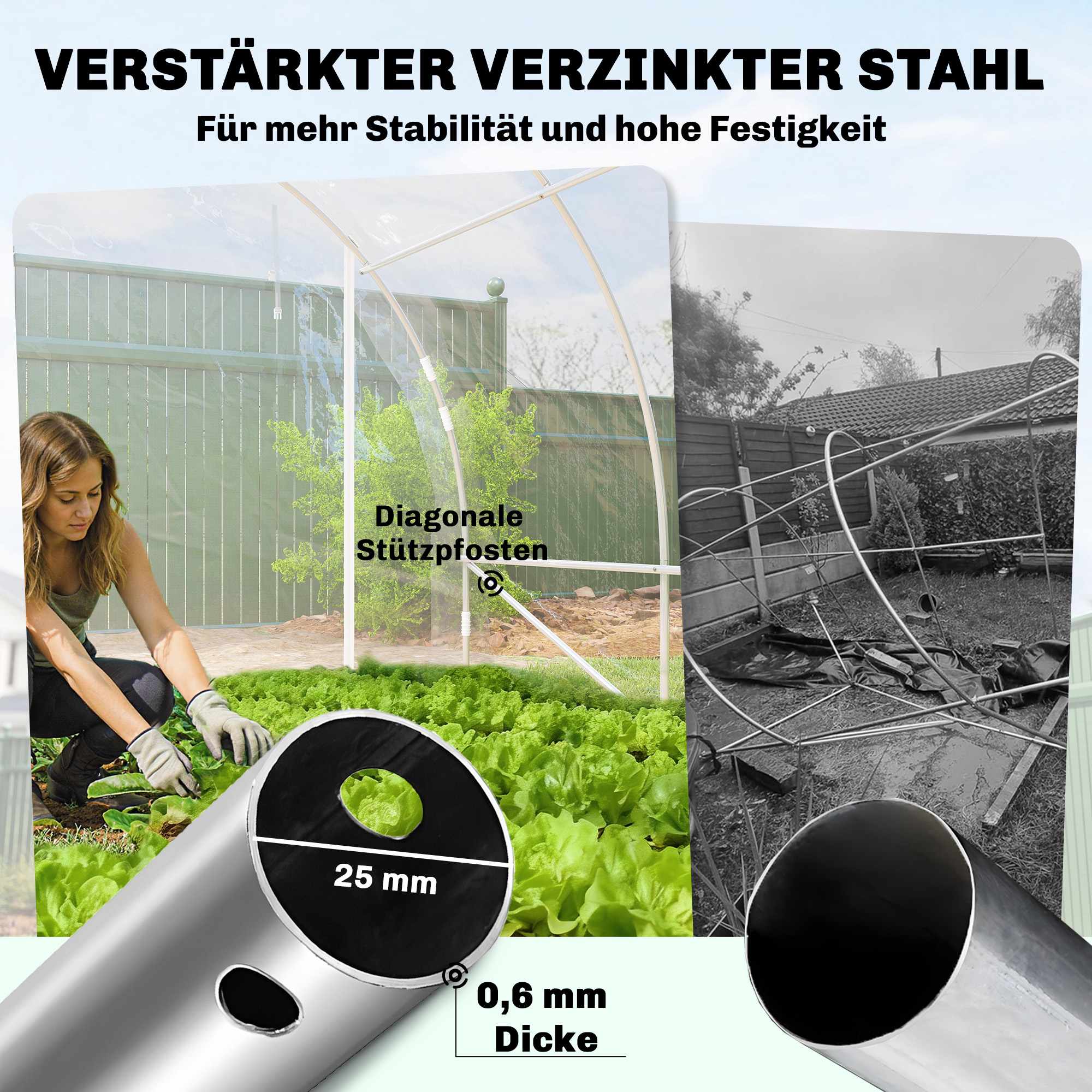 Växthus i polytunnelformat, stålram, UV PE-överdrag