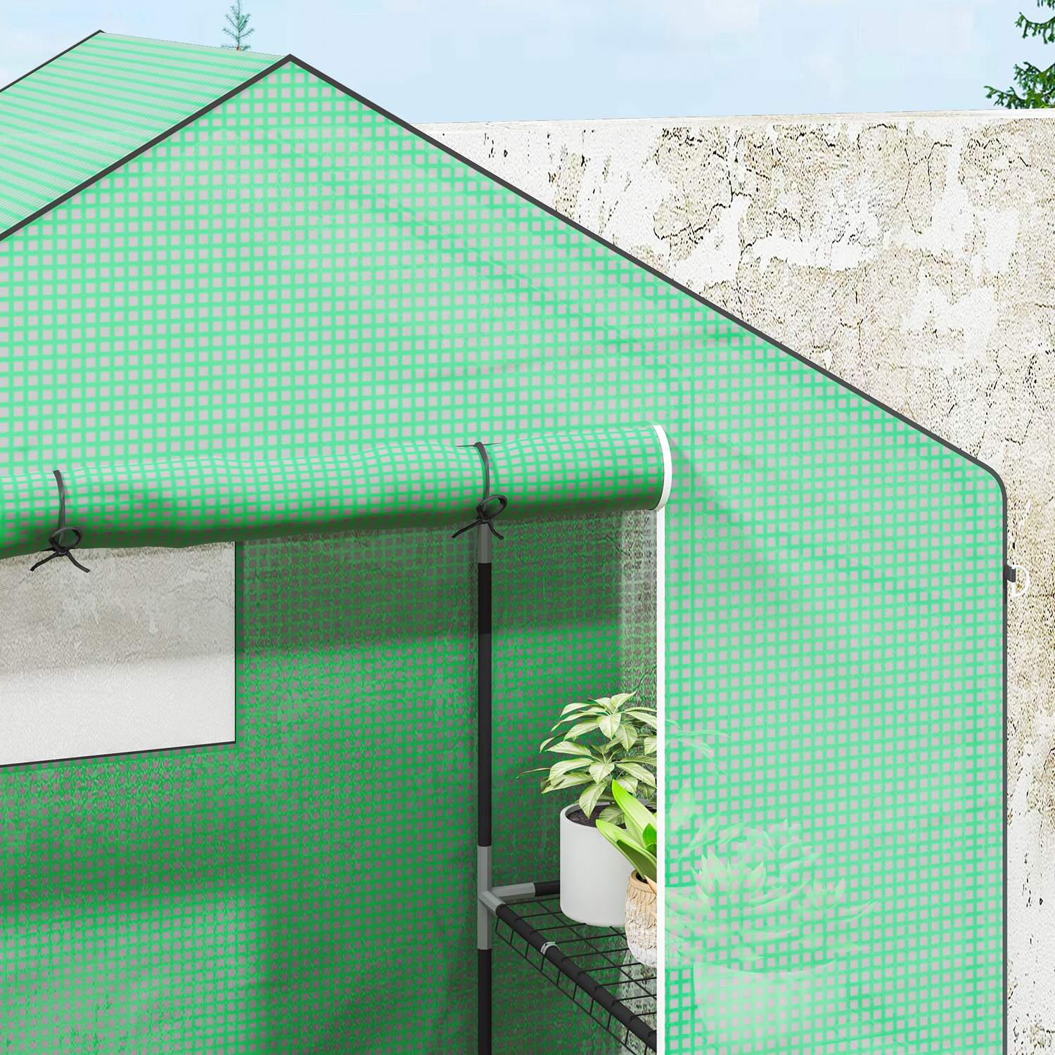 Växthus med hyllor och rulldörr för tomater