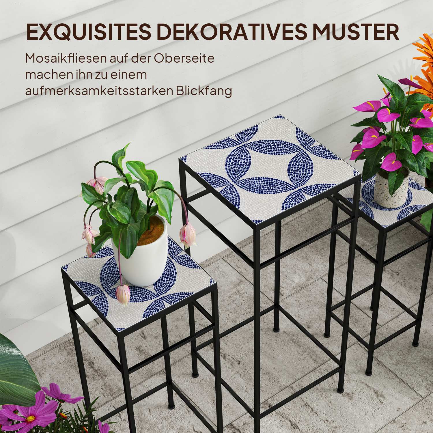 Växtställ i metall för inomhusbruk – Set om 3, blått och vitt, 71 cm