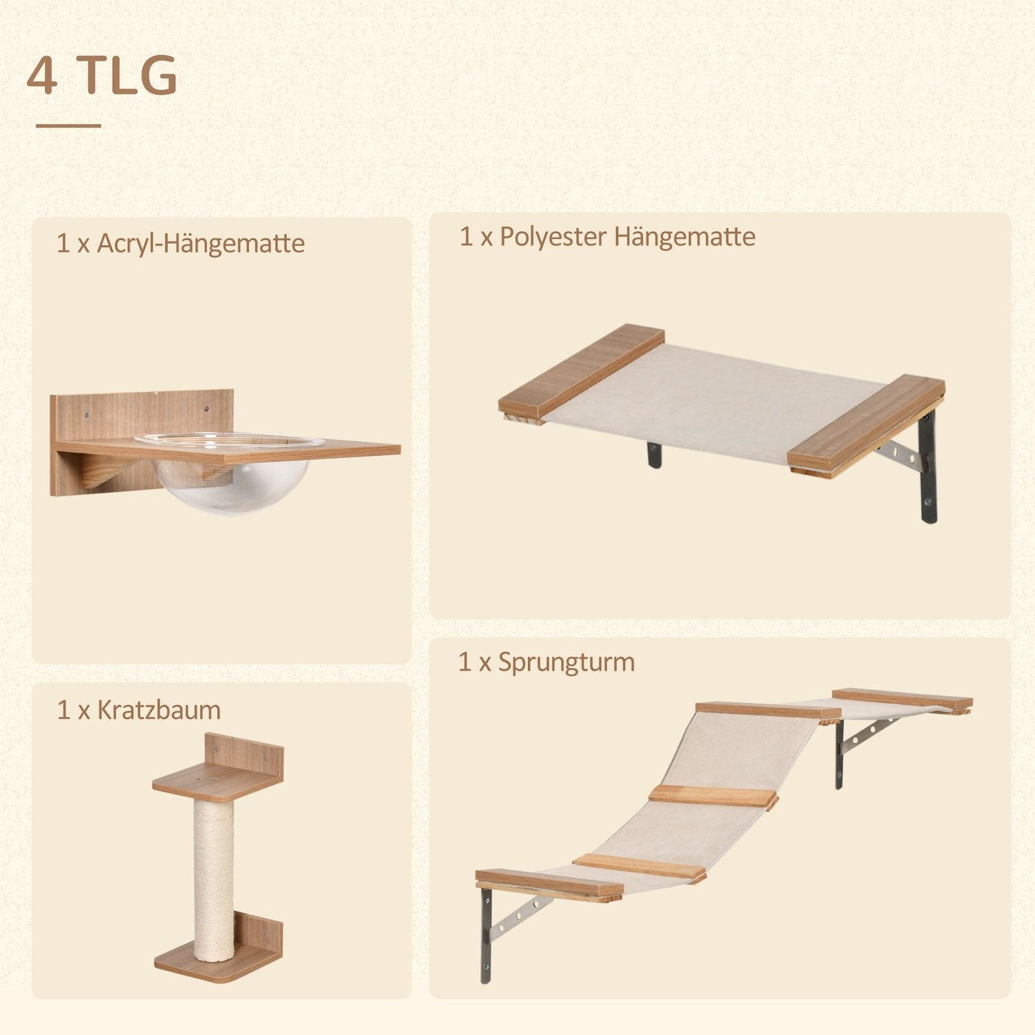 Set För Katter Med Skrapstolpe, Katttrappa Och Hängmatta, Ljusbrun, Sisal, Akryl, Furu