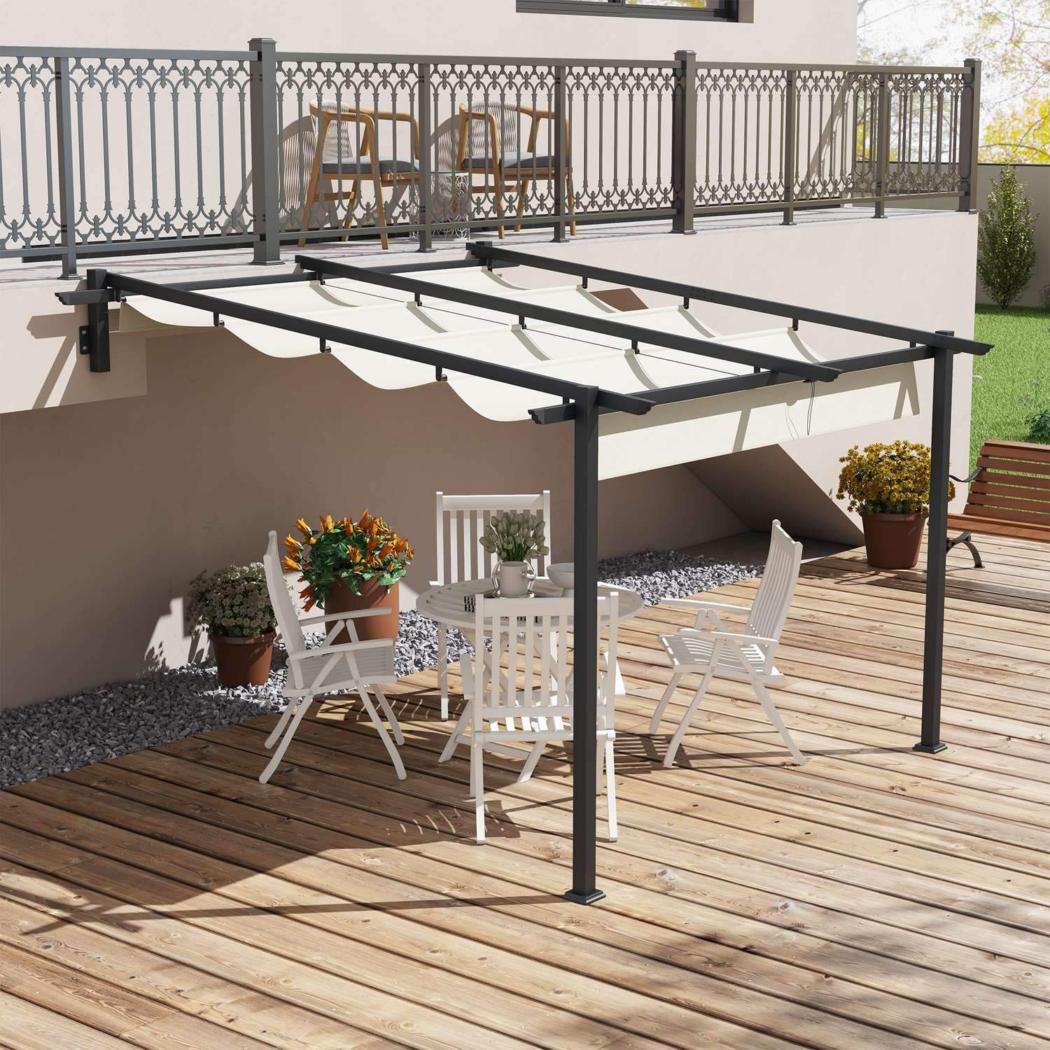 Lysthus Ca 3 X 3 M Pergola Vindtett lysthus, Veggmontert lysthus, justerbart tak, til hage, uteplass, krem.