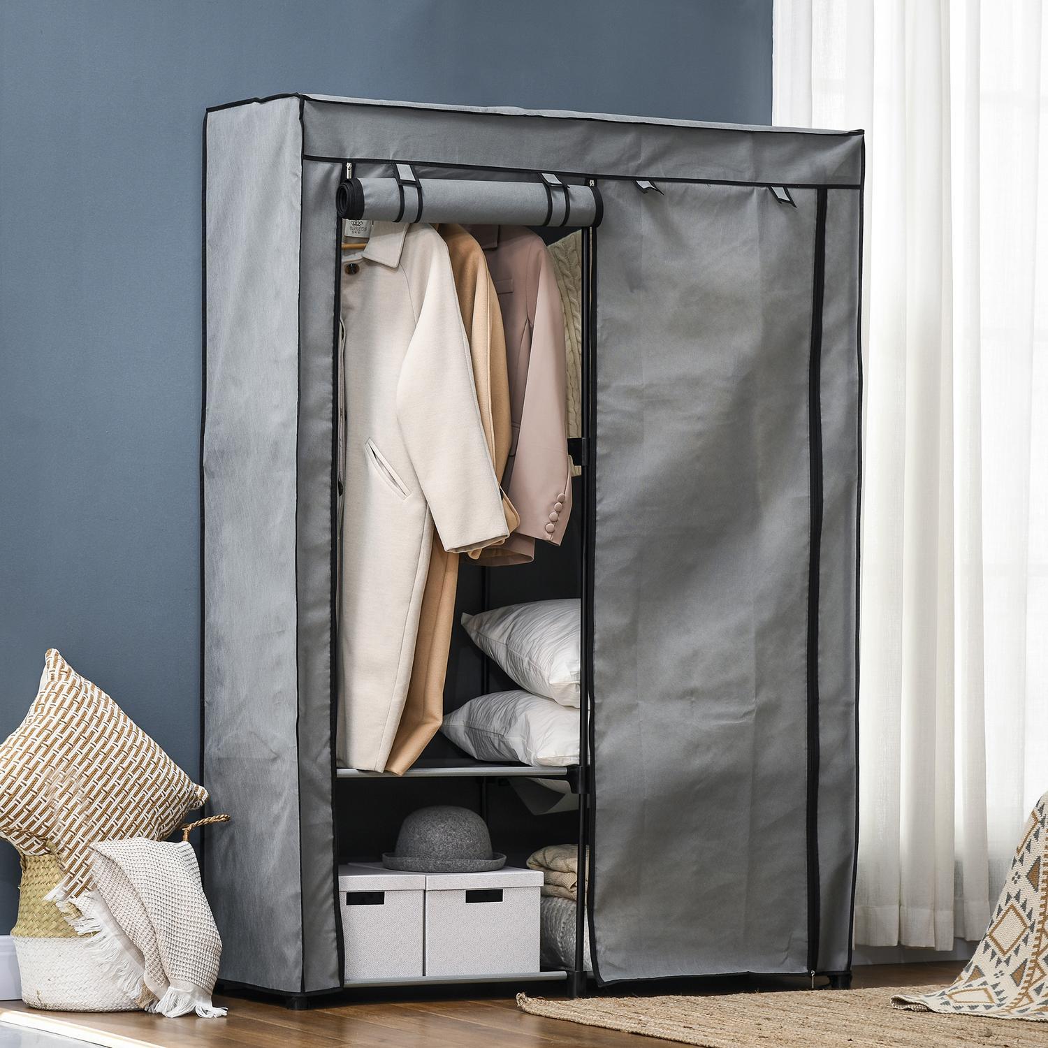 Garderobestoffgarderobe med klesstang og 4 rom, sammenleggbar garderobe, glidelås, non-woven, lys grå