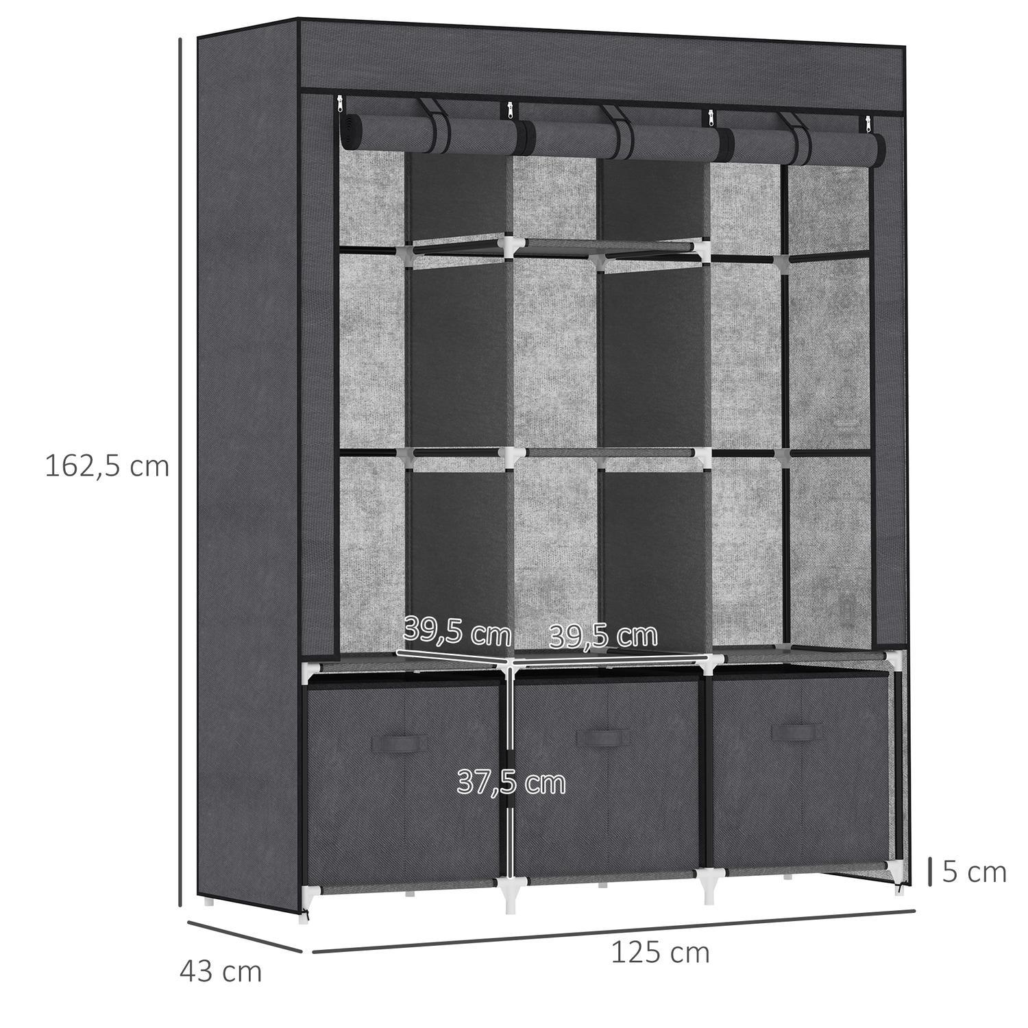 Garderobe sammenleggbart stoffskap, sammenleggbart skap med glidelås, ikke-vevd stoff, mørkegrå, 125X43X162,5 cm