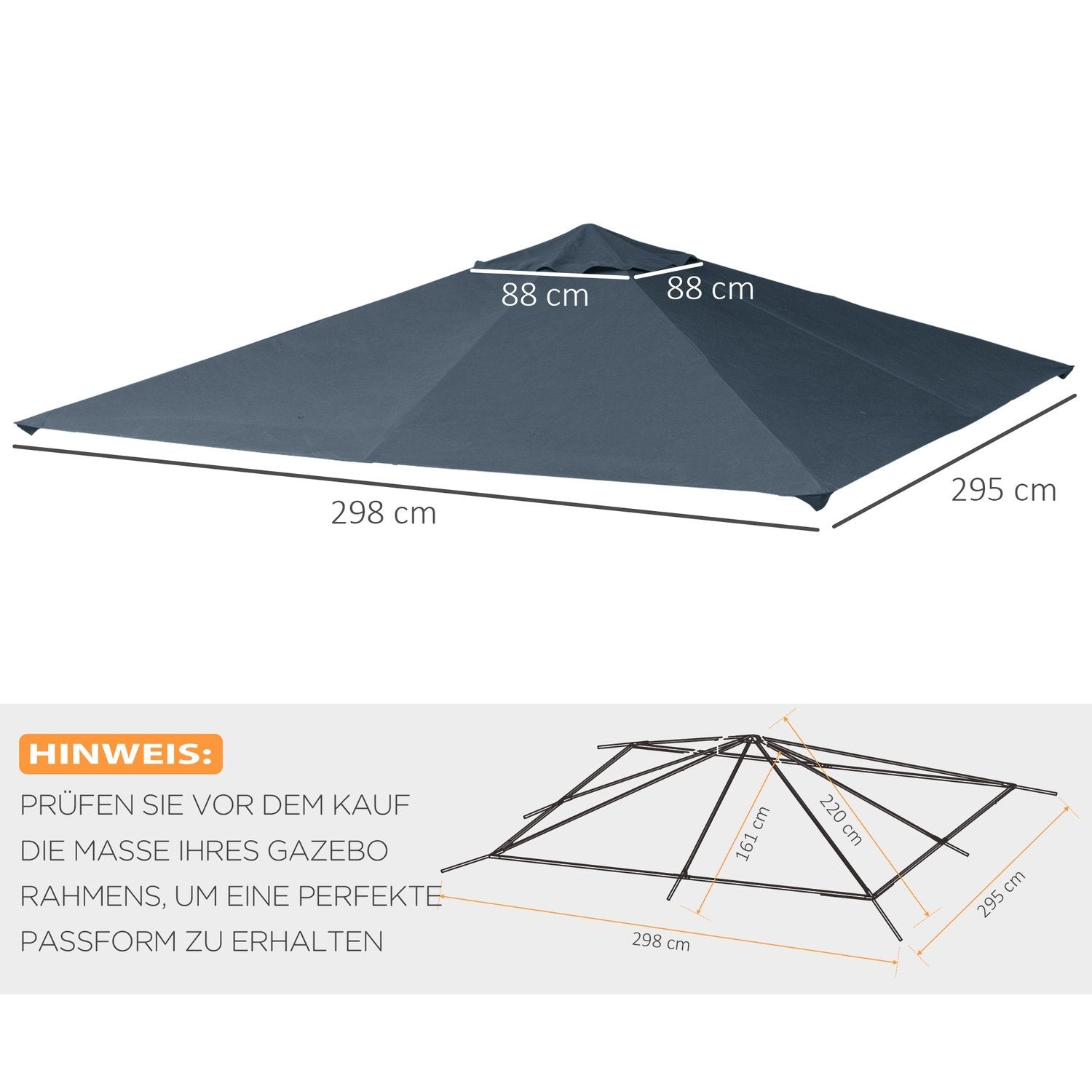 Gazebo Roof 3X3M erstatningstak for lysthus, paviljongdeksel, solskjerm, polyester, mørkegrå