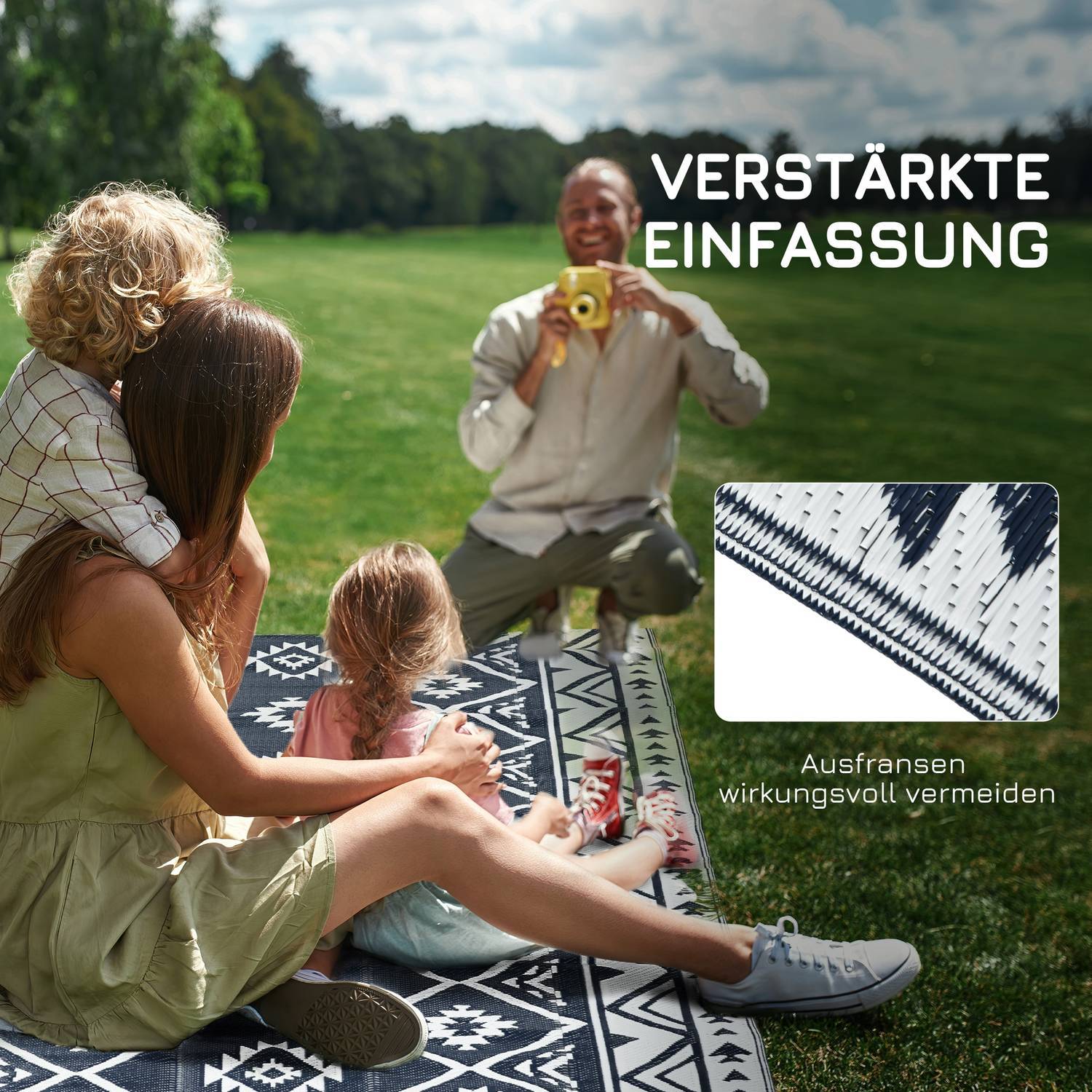 Outdoor Rug Vändbar Plastmatta Med Bärväska, Vattenavvisande, För Camping, Mörkblå + Vit, 182X274Cm