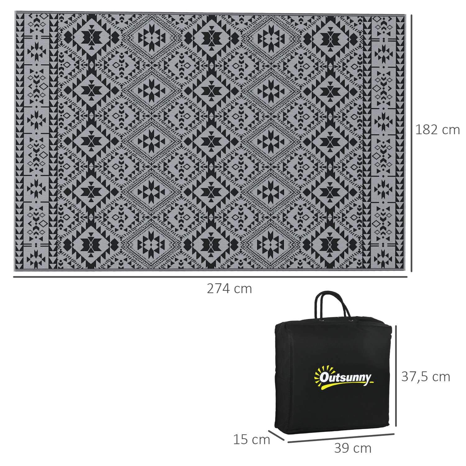 Utomhusmatta, Vattenavvisande Plastmatta, Vändbar, För Camping & Uteplats, Svart+Grå, 182X274Cm