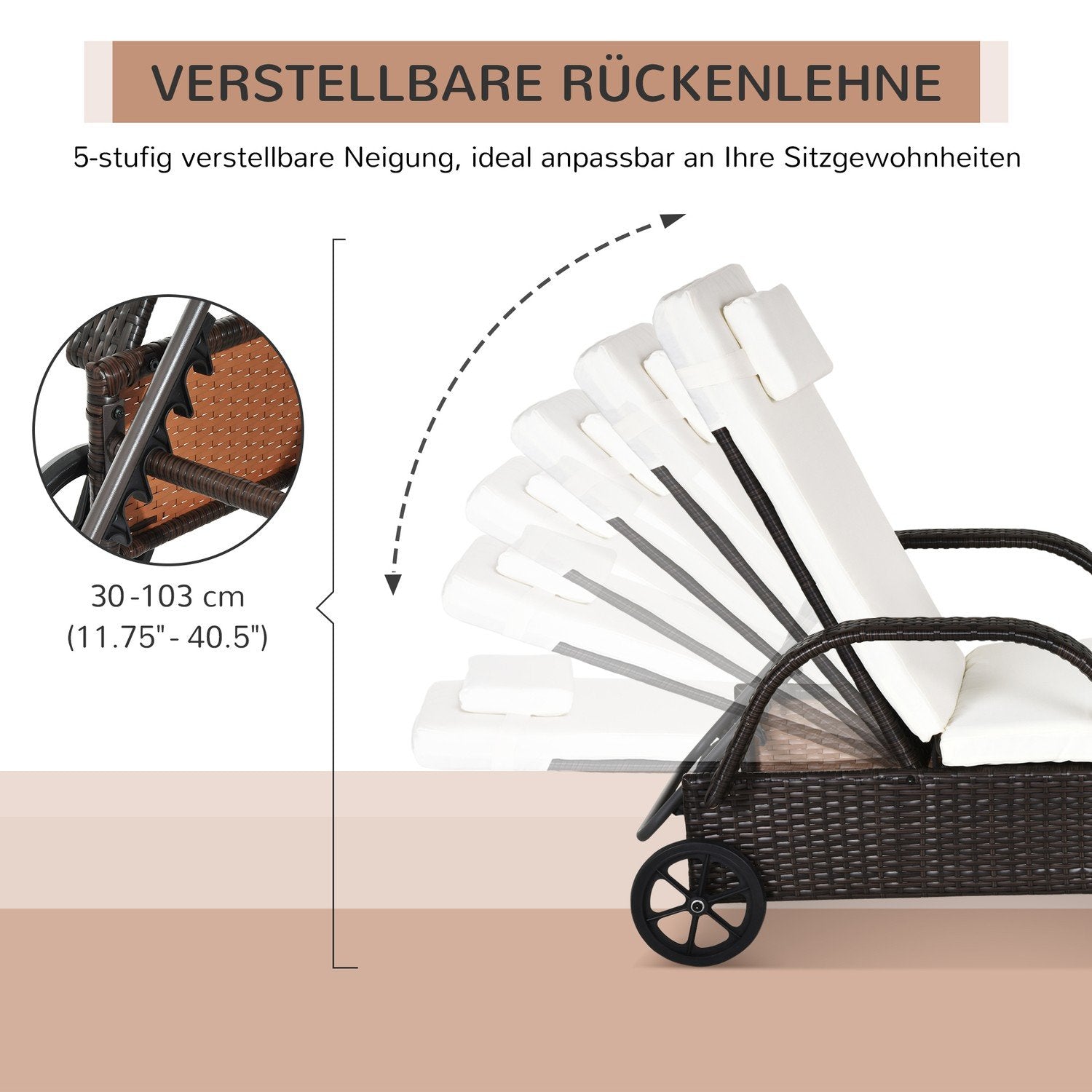 Hageseng, solseng, solseng i rotting, hagemøbler, mobil solseng med puter og hjul, polyrotting + metall, kaffebrun, 200 x 73 x 30-103 cm