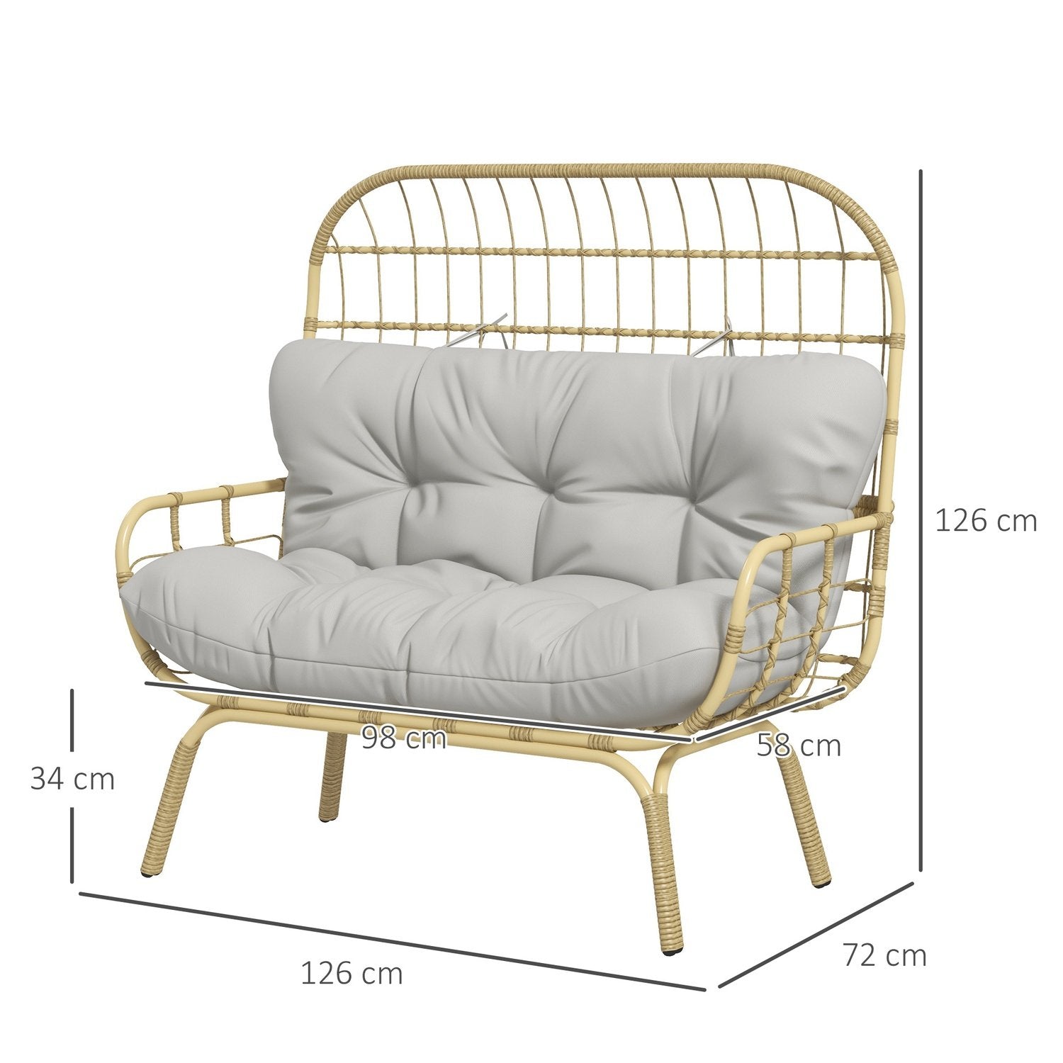 Trädgårdssoffa 2-Sits Rottingsoffa Med Armstöd, Vadderad Kudde, Loungesoffa I Rottinglook, Lastkapacitet Upp Till 240 Kg, Ljusgrå