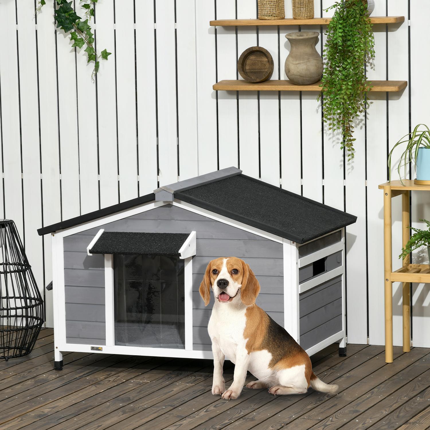 Fir Wood Dog Kennel Väderbeständigt Hundhus Med Öppningsbart Asfalttak & Avtagbart Golv, Grå, 109X79X72Cm