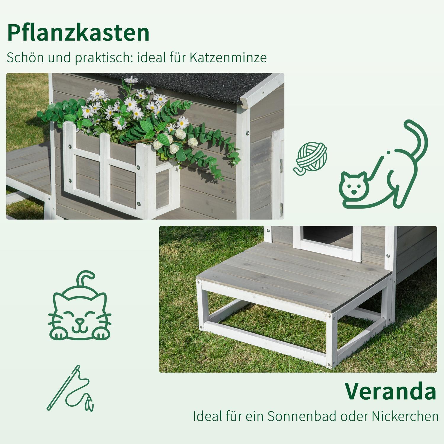 Kattehus Katthytte Katthule Smådyrshus Med Terrasse Og Balkong For Katter Hunder Gran Tre Grå + Hvit 115 X 66,5 X 74,7 Cm