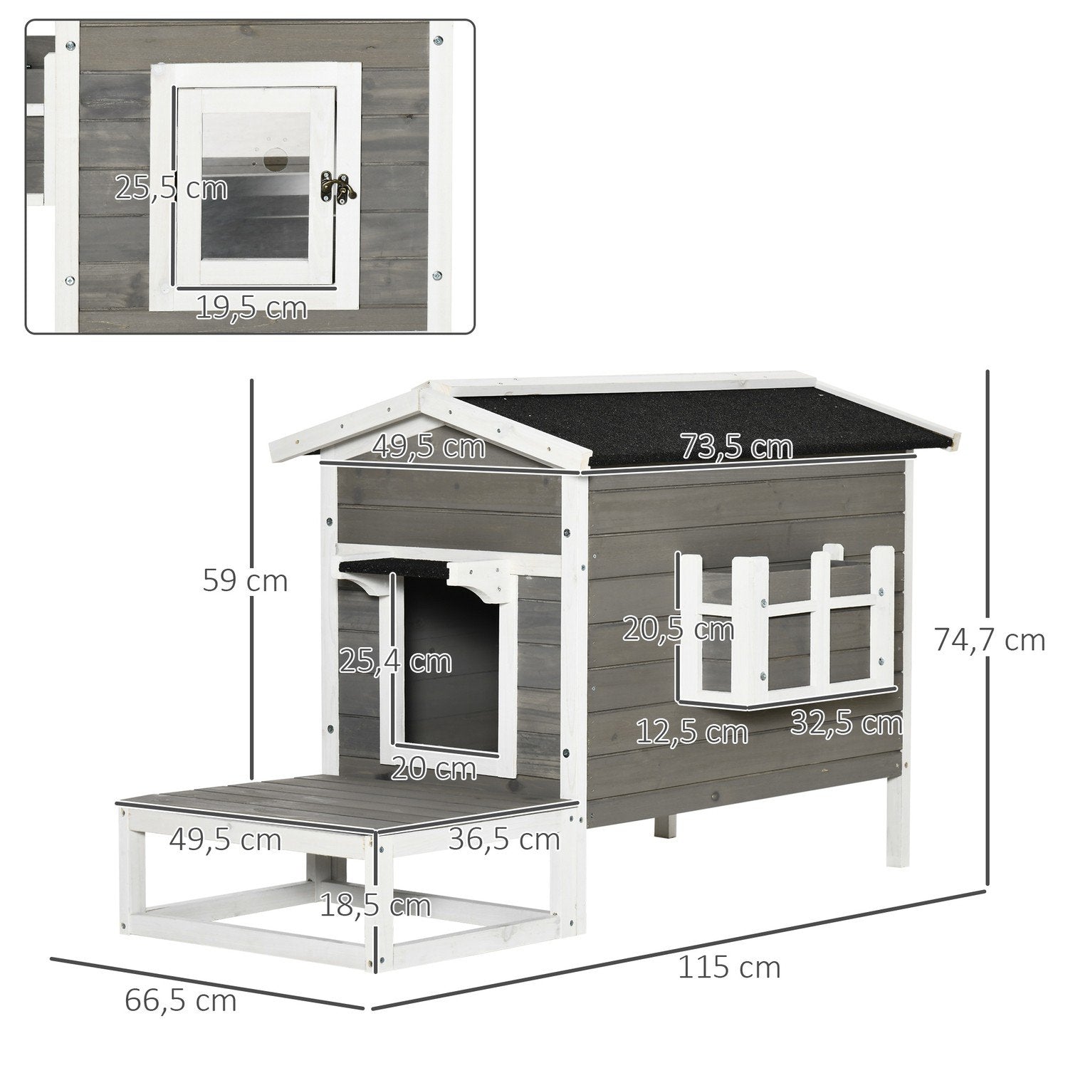 Kattehus Katthytte Katthule Smådyrshus Med Terrasse Og Balkong For Katter Hunder Gran Tre Grå + Hvit 115 X 66,5 X 74,7 Cm