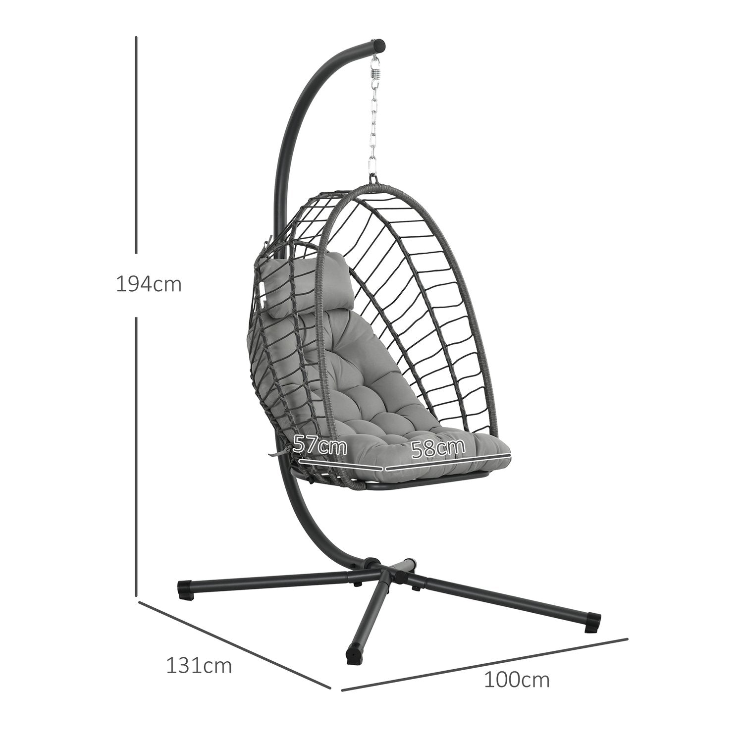 Rattan Hängstol Höjd 194 Cm Gungkorg Inomhus Utomhus Inklusive Ram, Hopfällbar Hängkorg, Dyna, För Uteplats, Trädgård Upp Till 100 Kg, Ljusgrå