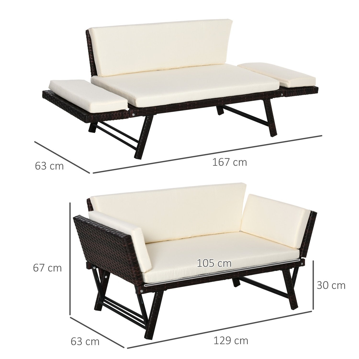 Polyrattan Hagesofa 2-seters Hagemøbler Lounge Sofa Hagebenk Hage Solseng Sammenleggbare armlener Stål Brun 129 X 63 X 67 Cm