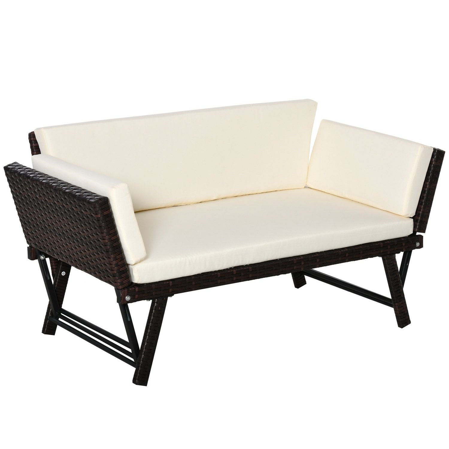 Polyrattan Hagesofa 2-seters Hagemøbler Lounge Sofa Hagebenk Hage Solseng Sammenleggbare armlener Stål Brun 129 X 63 X 67 Cm