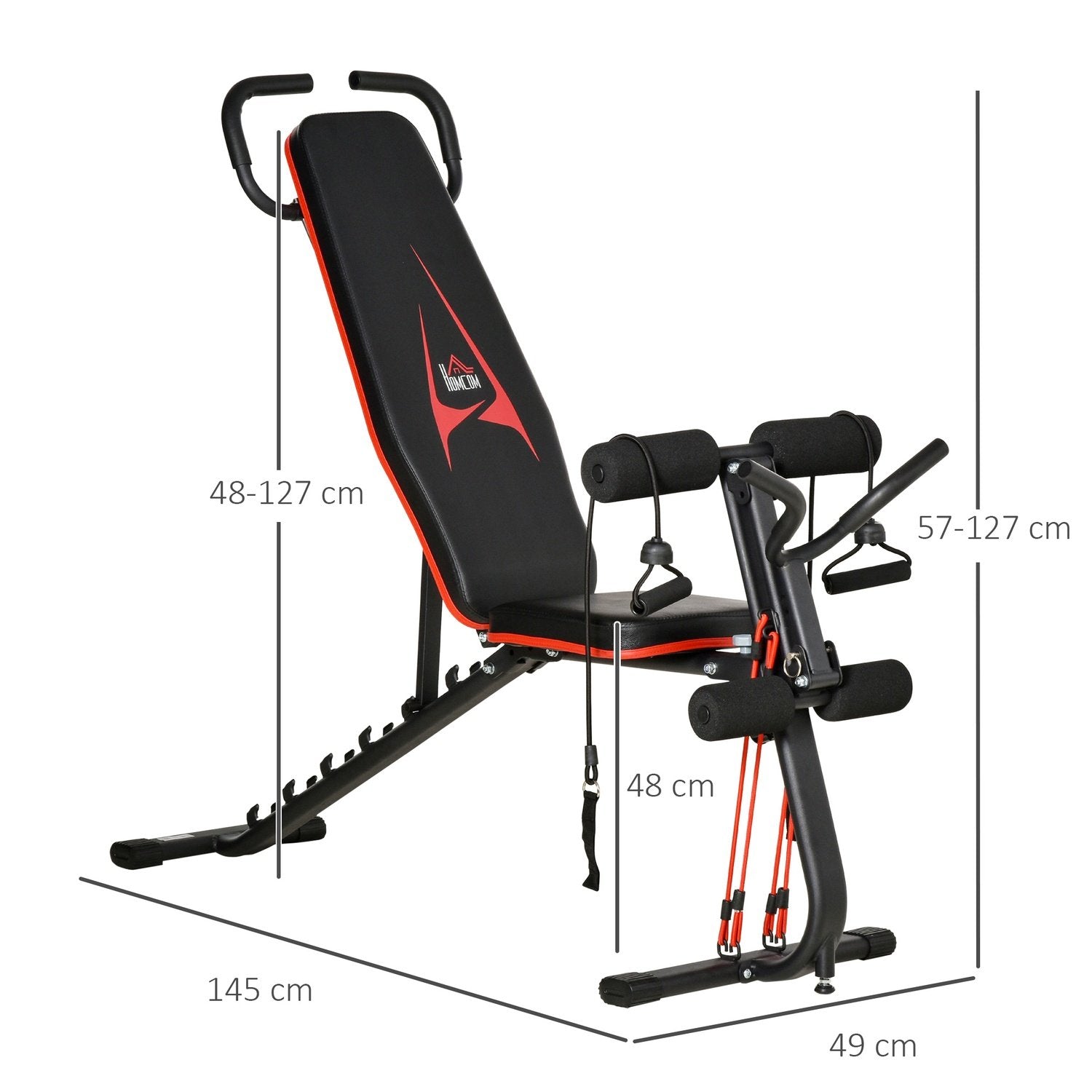 Viktbänk Justerbar Träningsbänk Med Elastiskt Rep Sit Up Bänk 6 Nivåer Ryggstöd Lutning Vikt Upp Till 150 Kg 145 X 49 X 57-127 Cm