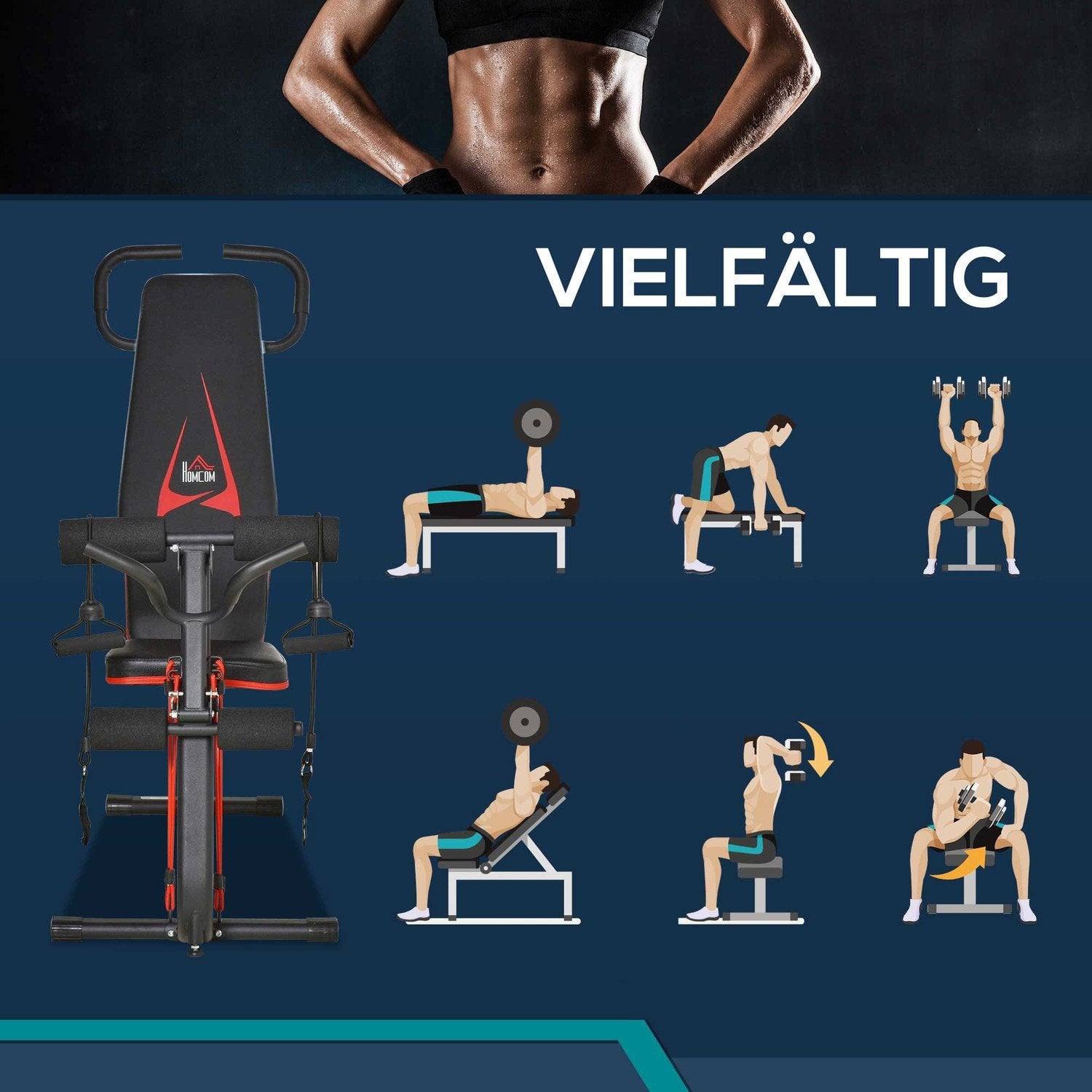 Viktbänk Justerbar Träningsbänk Med Elastiskt Rep Sit Up Bänk 6 Nivåer Ryggstöd Lutning Vikt Upp Till 150 Kg 145 X 49 X 57-127 Cm