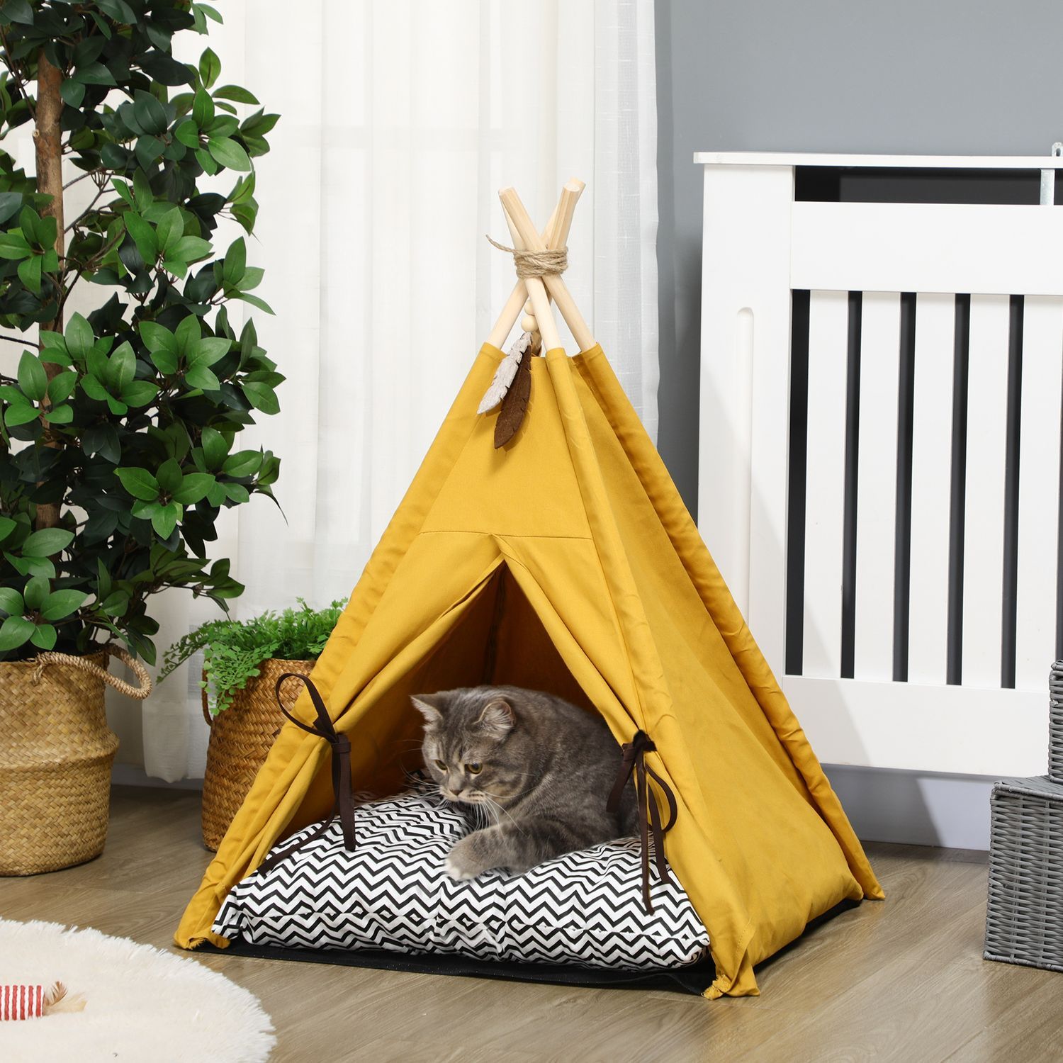 Cat House Tipi Telt Hundeseng med pute sklisikker med lekeball laget av furu innendørs i gult