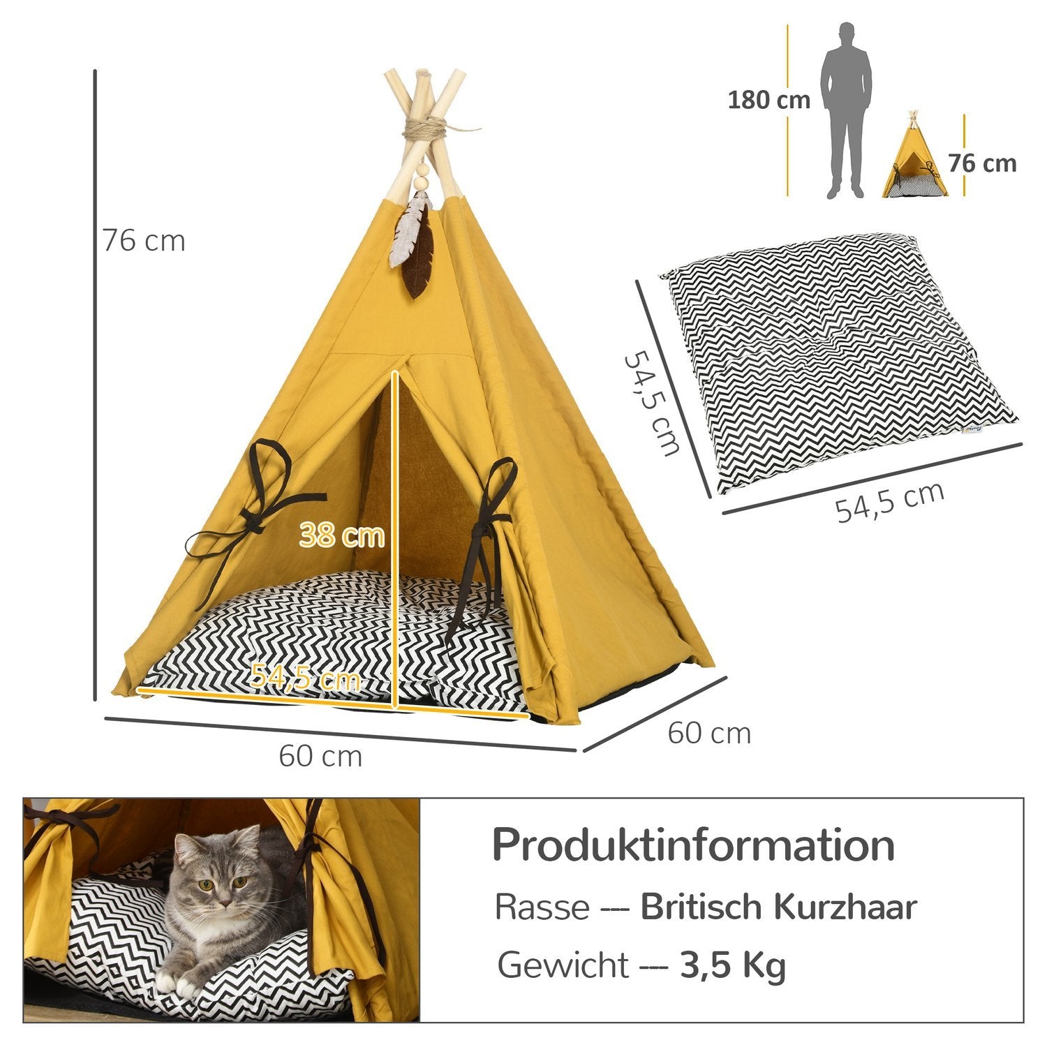 Cat House Tipi Telt Hundeseng med pute sklisikker med lekeball laget av furu innendørs i gult