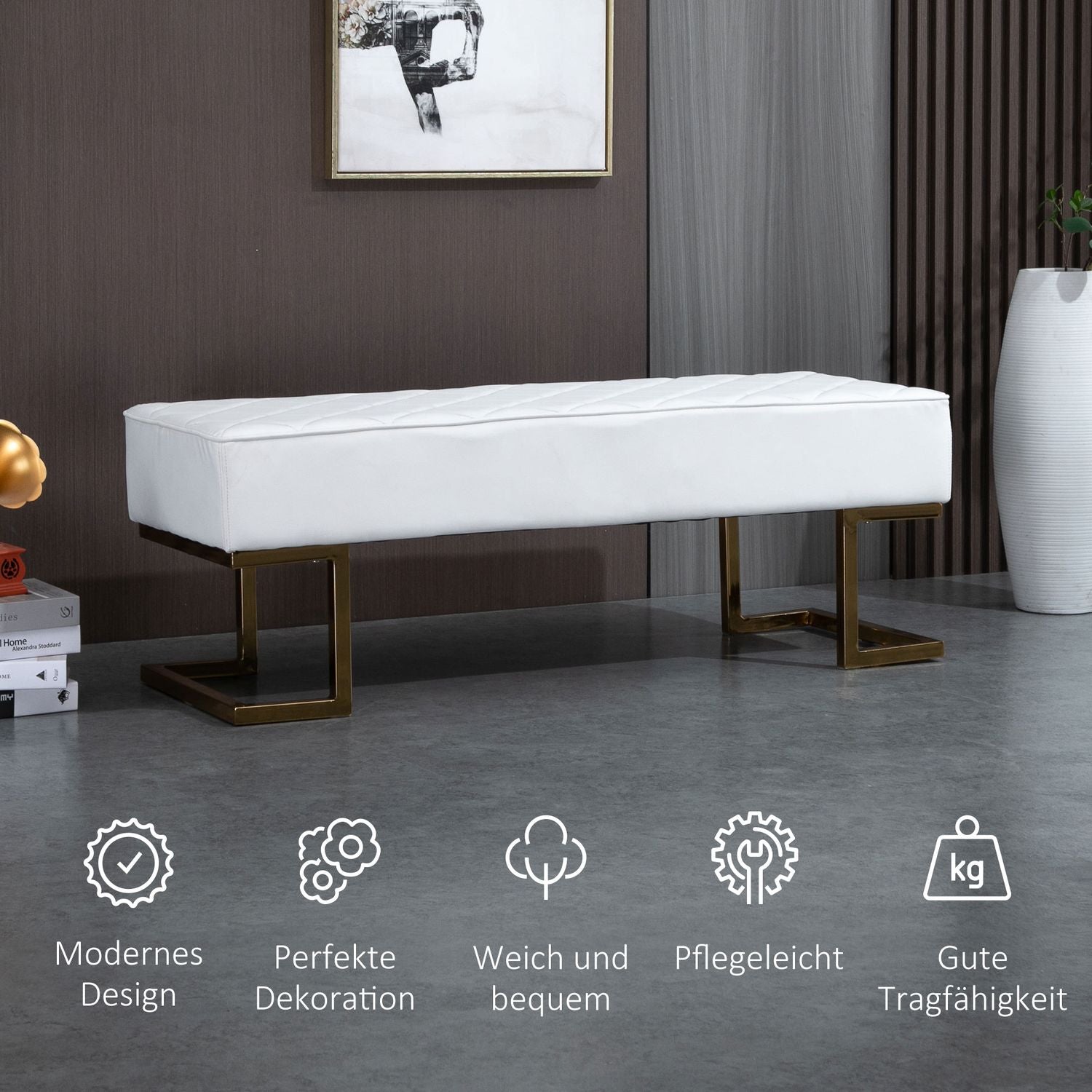 White & Gold Faux Leather Bänk – 120x43x42 cm