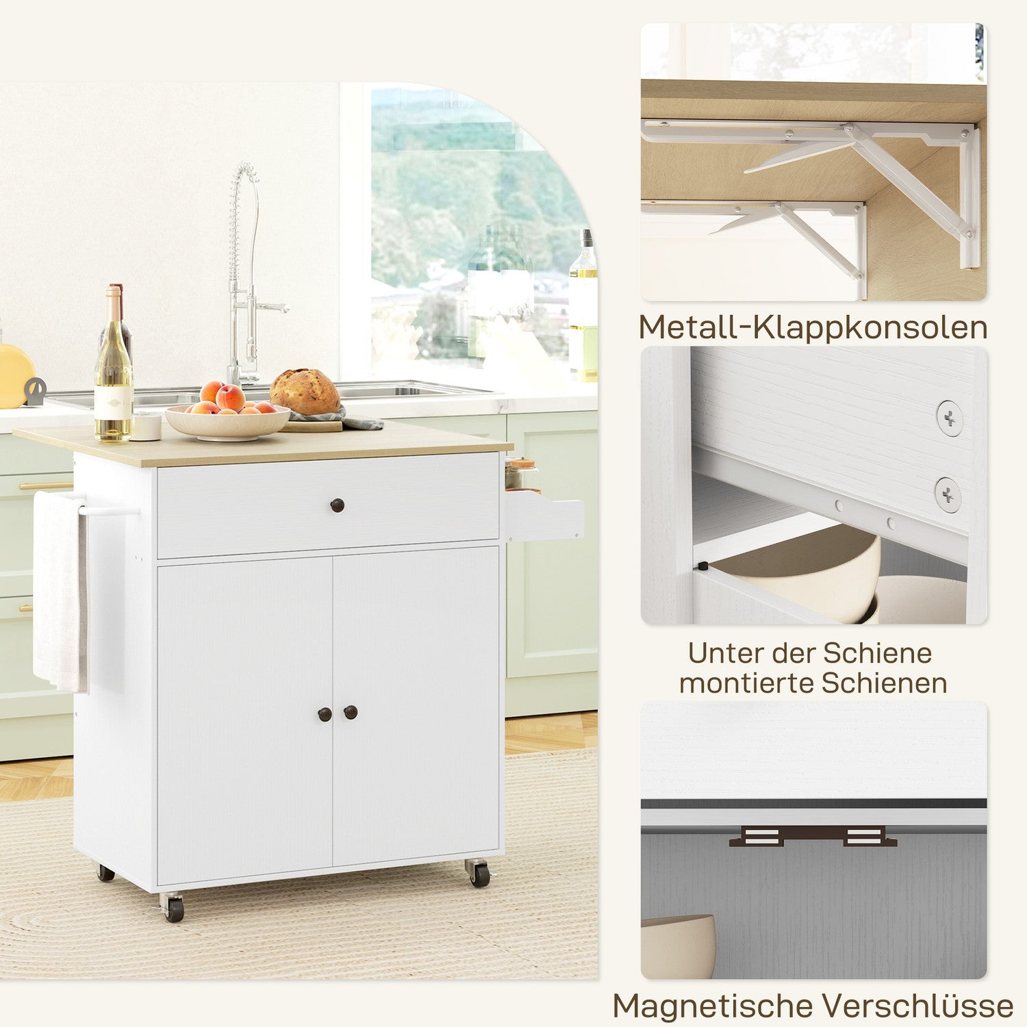 White Kitchen Island Trolley med hjul, kryddställ & förvaring