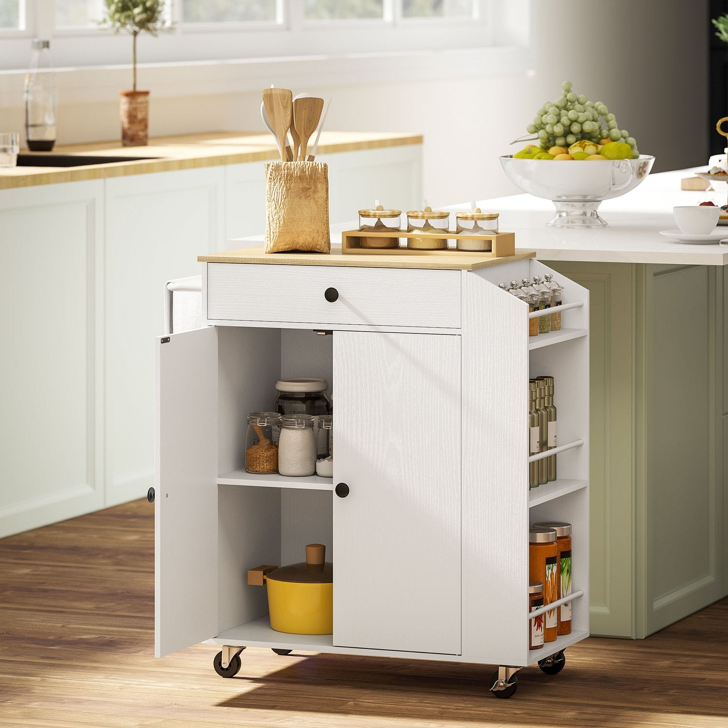 White Kitchen Trolley Island – Hjul, lådor & handduksställ