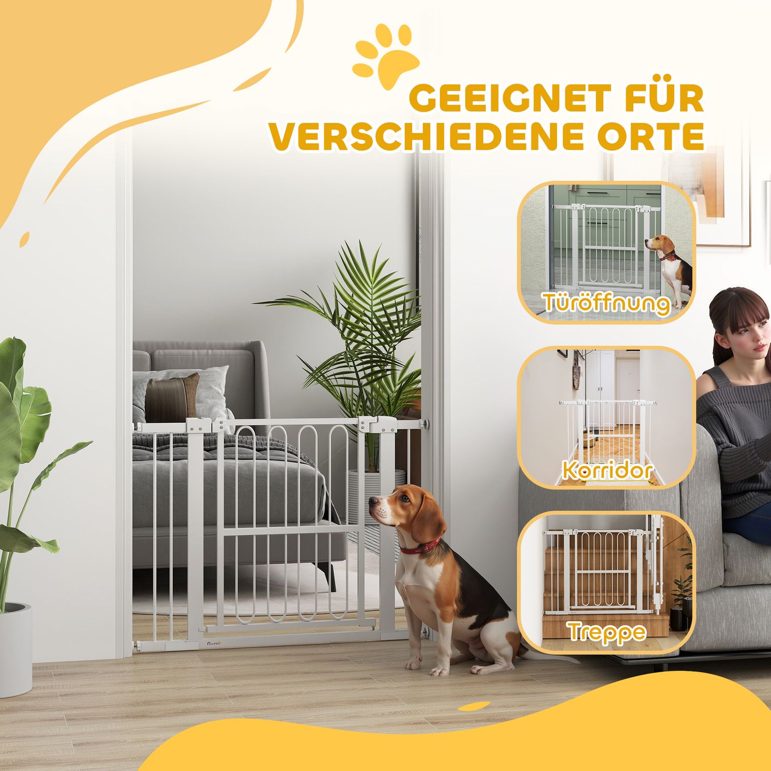 White Steel Dog Gate – No-Drill, Låsbar, 76-104 cm