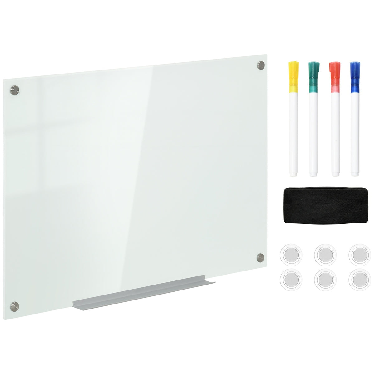 Whiteboard glasstavle, staffeli, hylle, 90x60cm, 4 penner