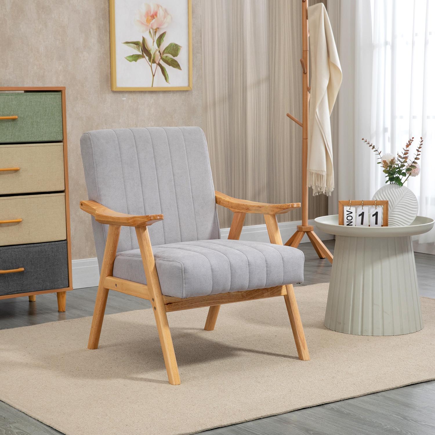 Wing Chair, Polstret Stol Med Armlen, Lenestol I Velvet Look, Relax Stol Med Scandi Design, Lenestol, Ben i Gummitre, Lys grå