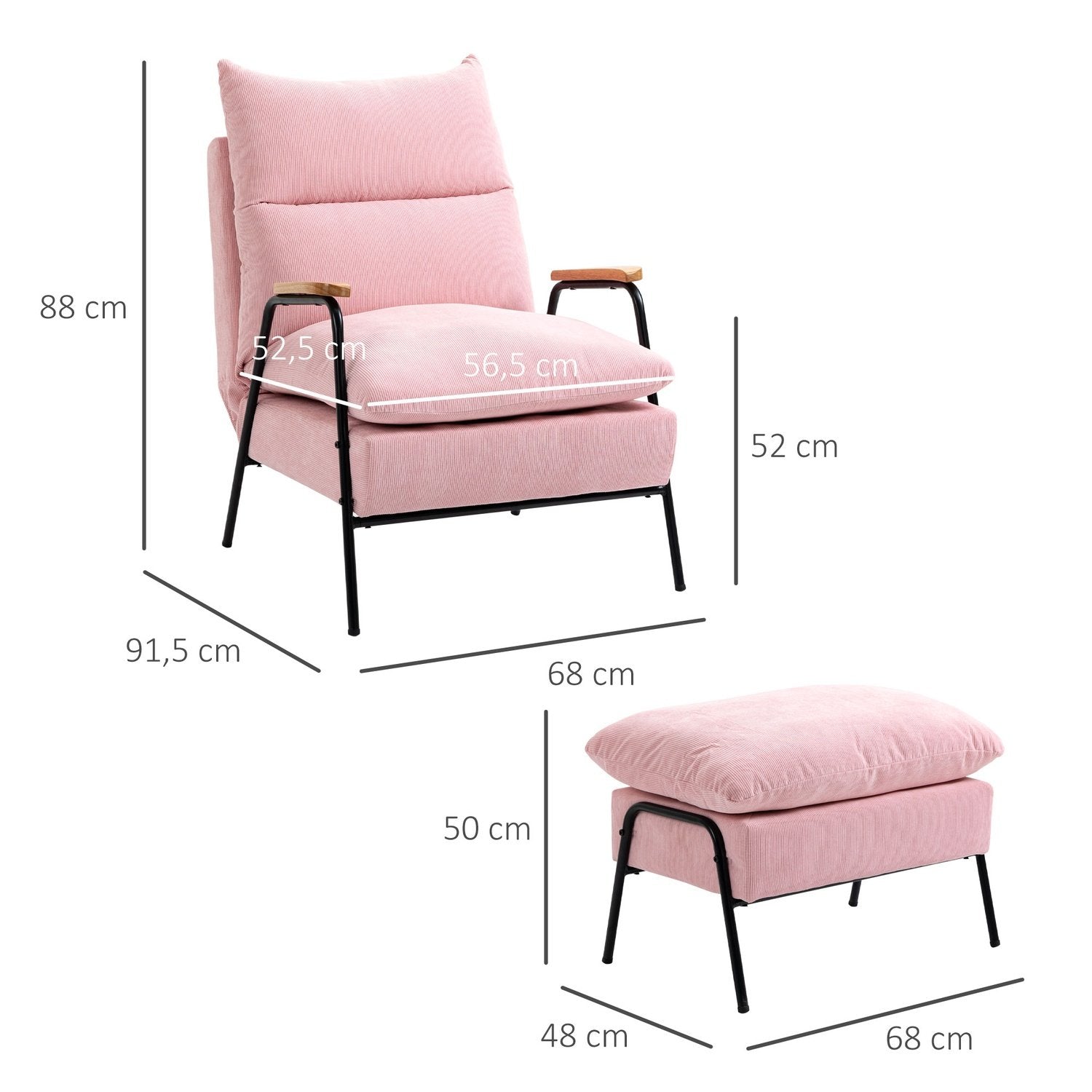 Vingestol med krakk og sammenleggbar ryggstøtte, Relax-stol, TV-stol, Polstret stol, Rosa, 68X91,5X88Cm