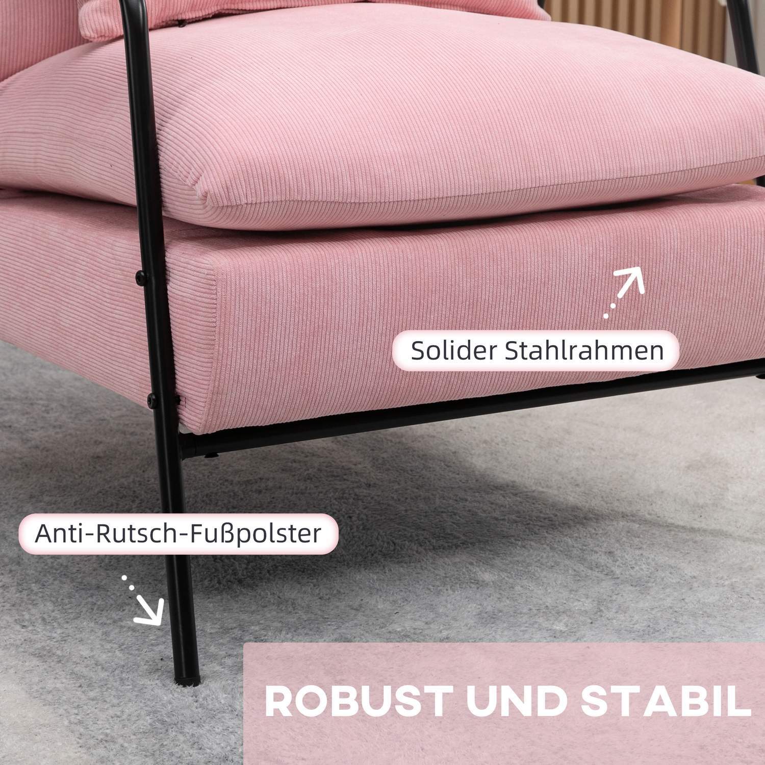 Vingestol med krakk og sammenleggbar ryggstøtte, Relax-stol, TV-stol, Polstret stol, Rosa, 68X91,5X88Cm