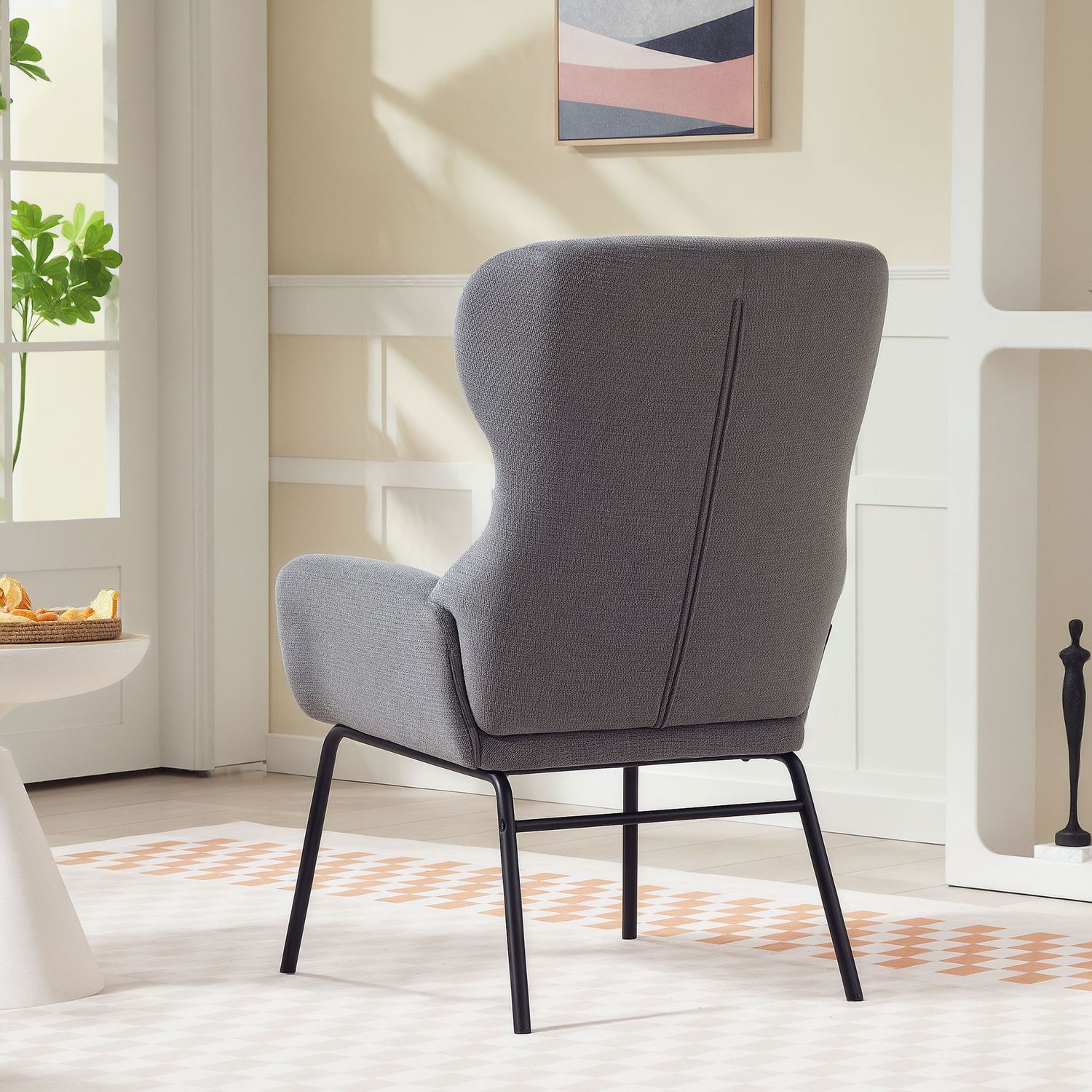 Wingback Accent stol, hög rygg, tjock dyna, grå