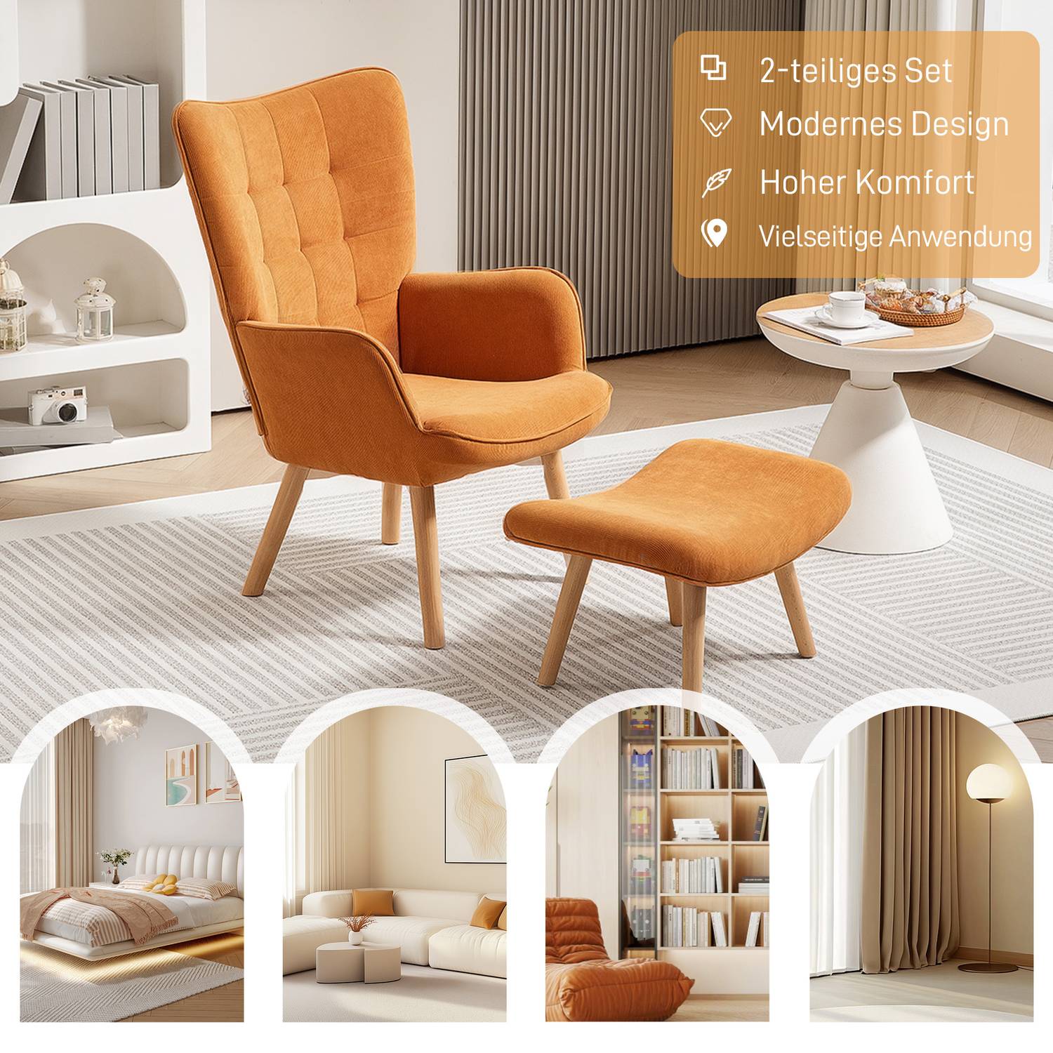 Wingback fåtölj med pall – Tuftad manchester, brun