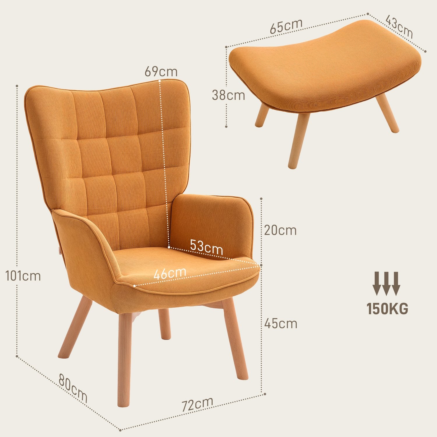 Wingback fåtölj med pall – Tuftad manchester, brun