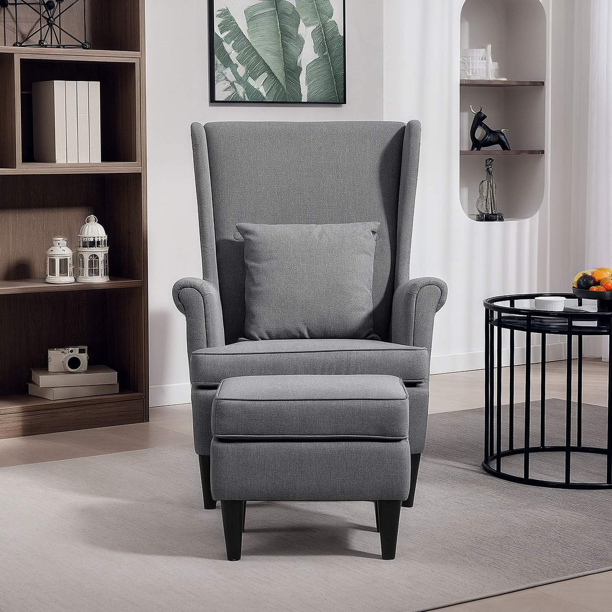 Wingback stol med osmanskt, grått tyg, gummiträben