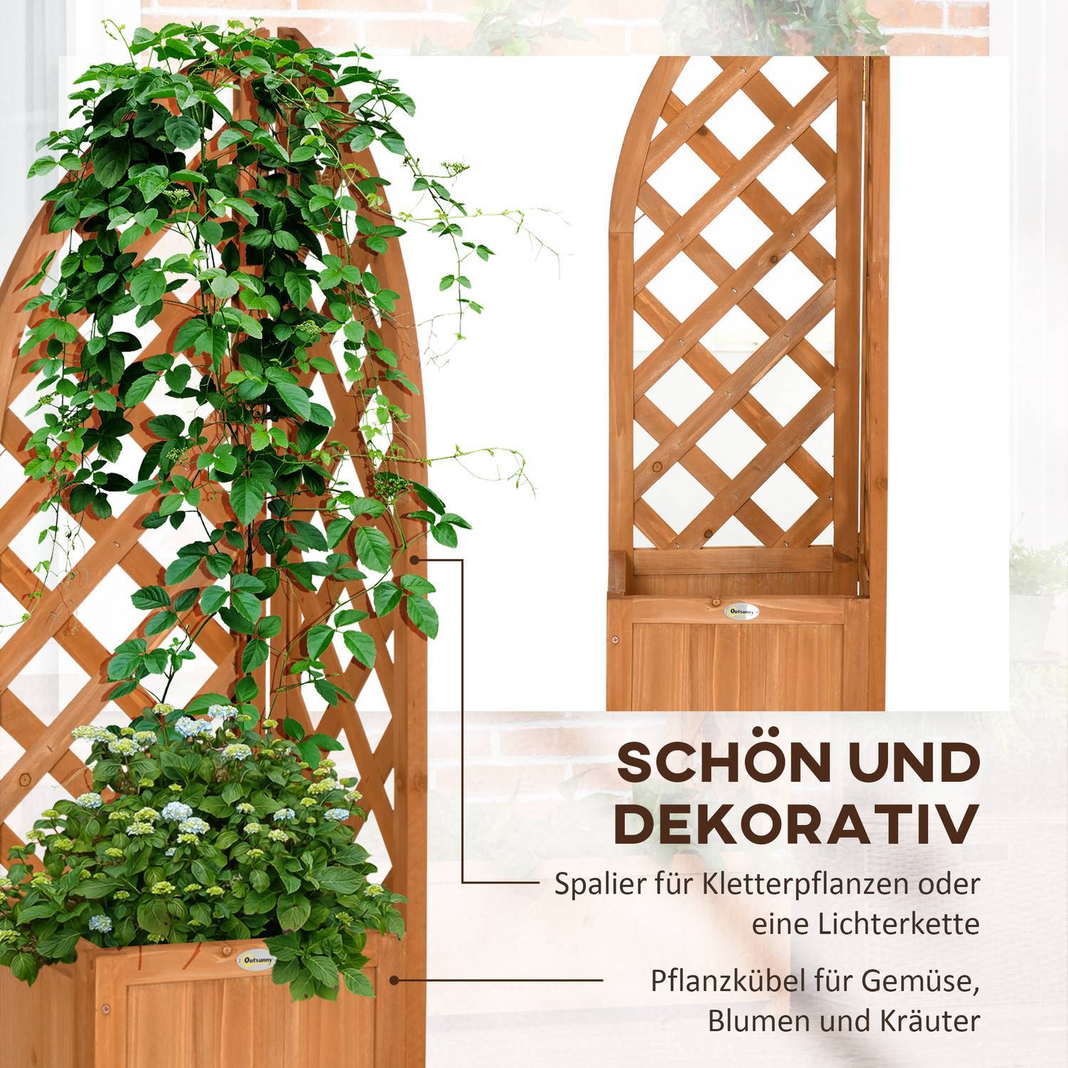 Plantekasse med espalier Blomsterkasse for hage, uteplass, balkong, naturlig tre, brun, 32X32X108cm