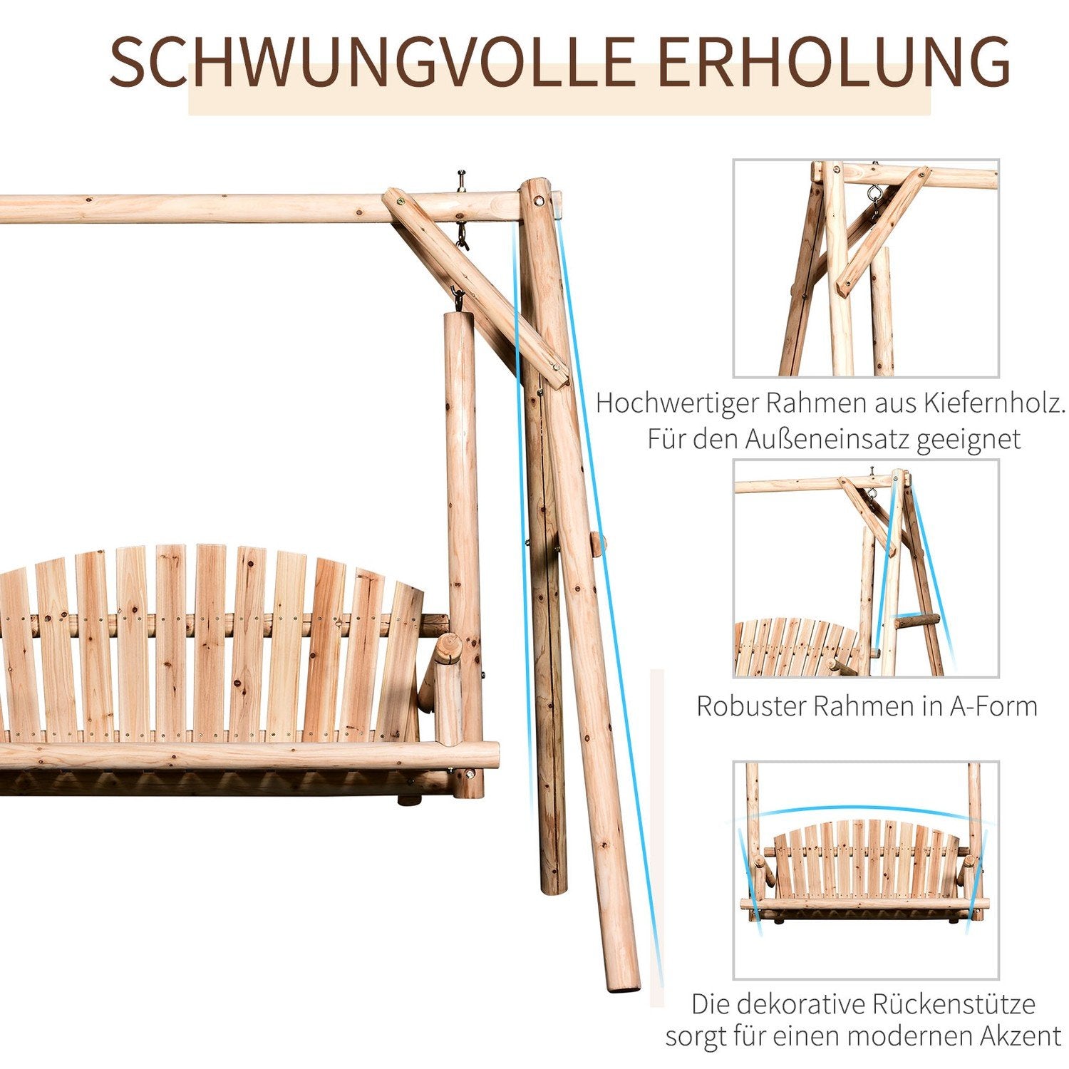 Hollywood Swing 2-seters Hage Swing Swing Benk Hengende Benk Massivt Tre Naturlig 187 X 137 X 170 Cm