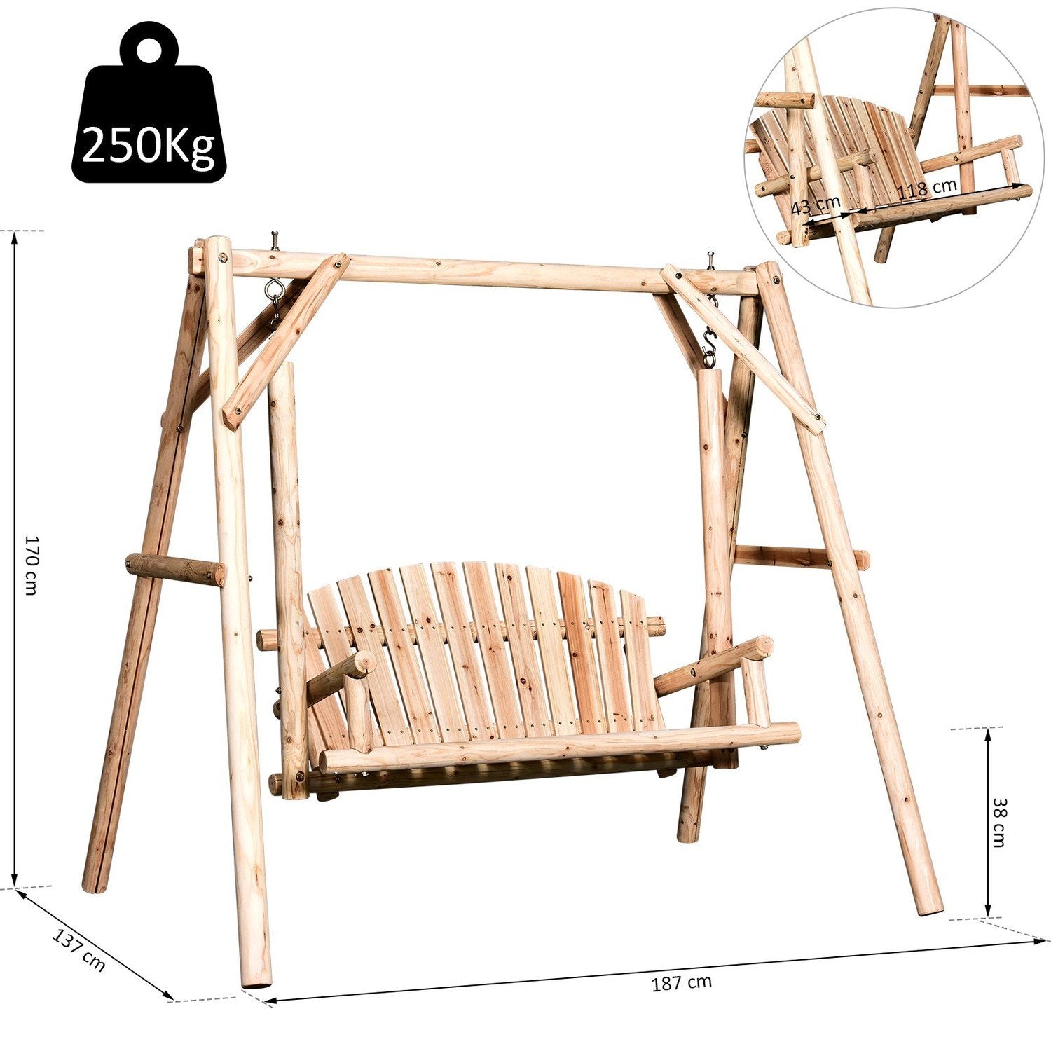 Hollywood Swing 2-seters Hage Swing Swing Benk Hengende Benk Massivt Tre Naturlig 187 X 137 X 170 Cm