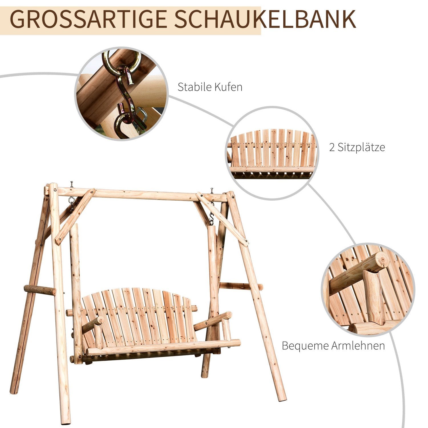 Hollywood Swing 2-seters Hage Swing Swing Benk Hengende Benk Massivt Tre Naturlig 187 X 137 X 170 Cm