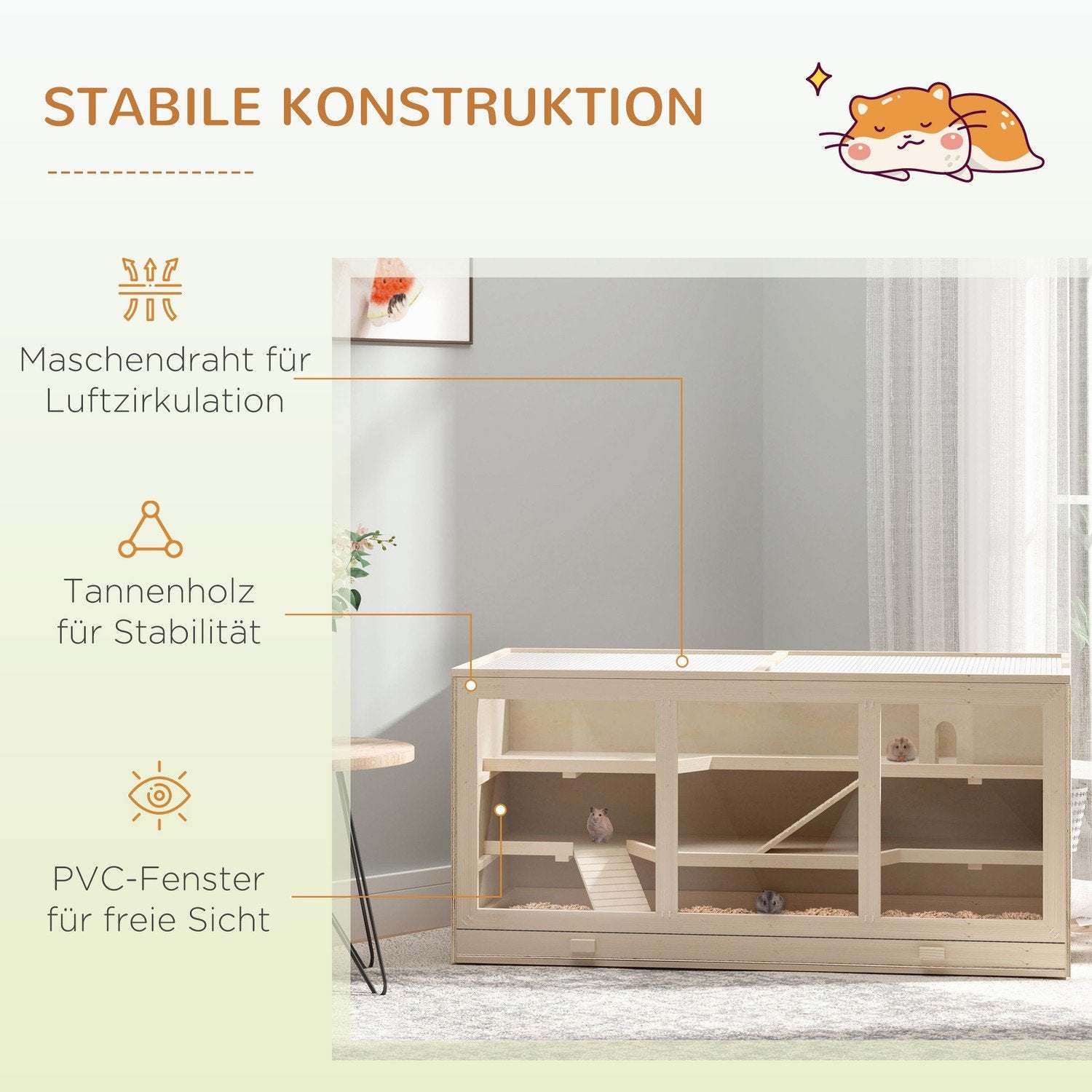 Naturlig tre hamsterbur Tre-lags gnagerbur med trapper, PVC, 115X57X55Cm