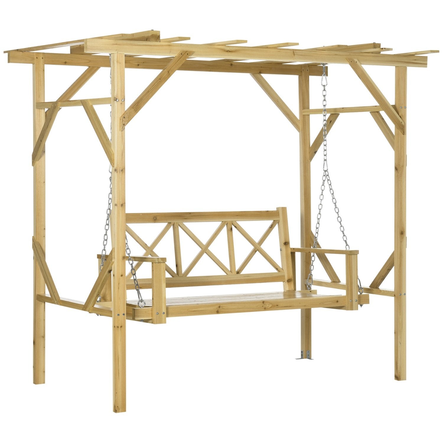 Hollywood huske med pergola, 2-seters hagehuske, værbestandig huskebenk for hage, heltre, naturlig, 221 X 140 X 196 cm